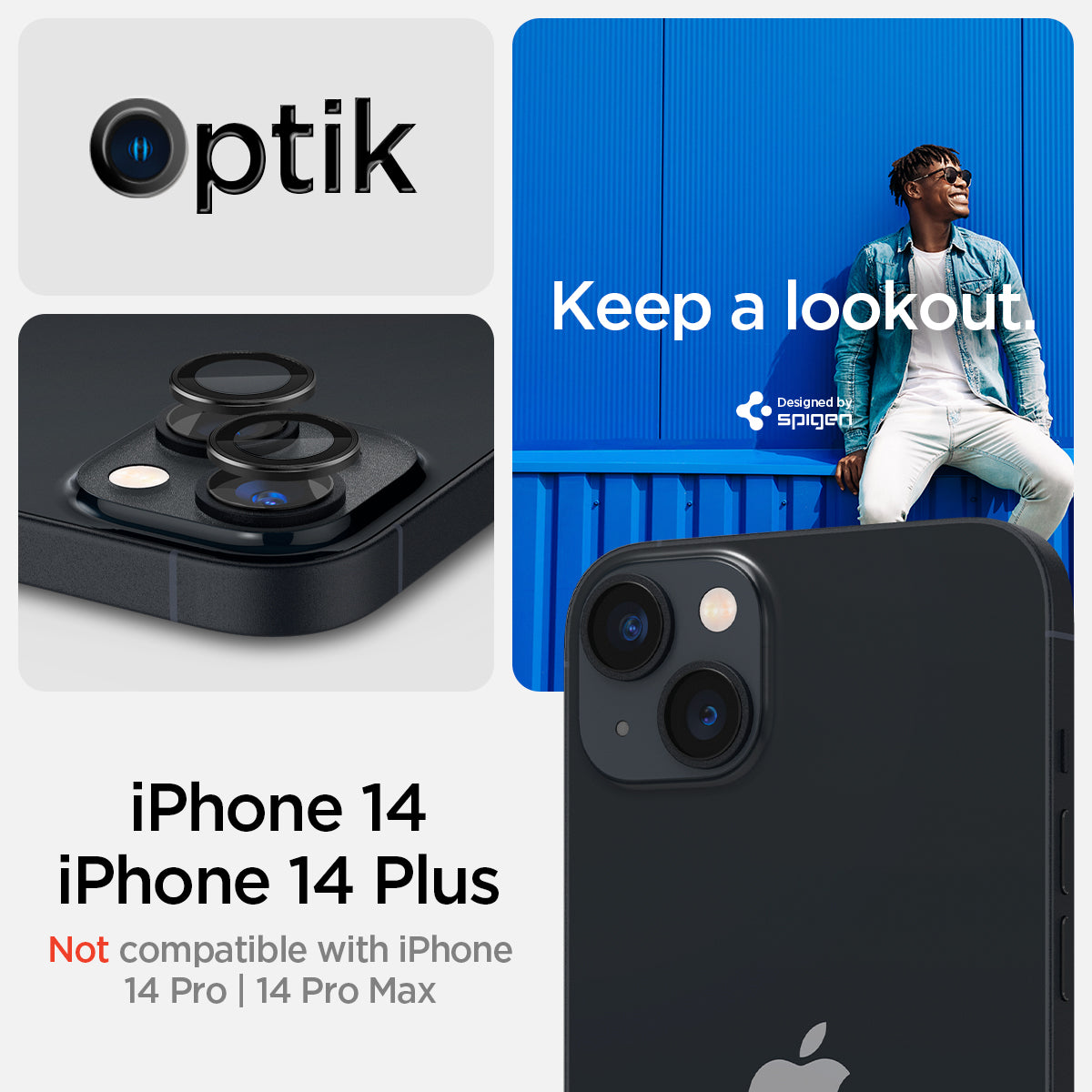 AGL05213 - iPhone 14 / 14 Plus Optik Pro Lens Protector in black keep a lookout showing the compatibility only with iPhone 14, 14 plus. Not compatible with iPhone 14 pro, 14 pro max.