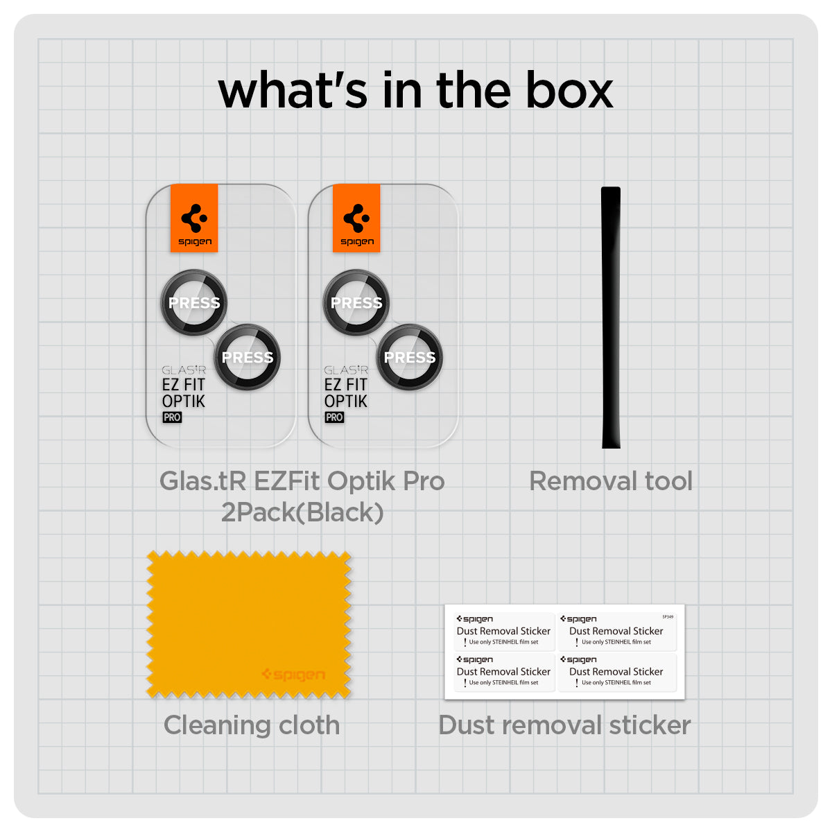 AGL05213 - iPhone 14 / 14 Plus Optik Pro Lens Protector in black what's in the box. Glas.tR EZFit Optik pro 2 pack, removal tool, cleaning cloth, dust removal sticker.