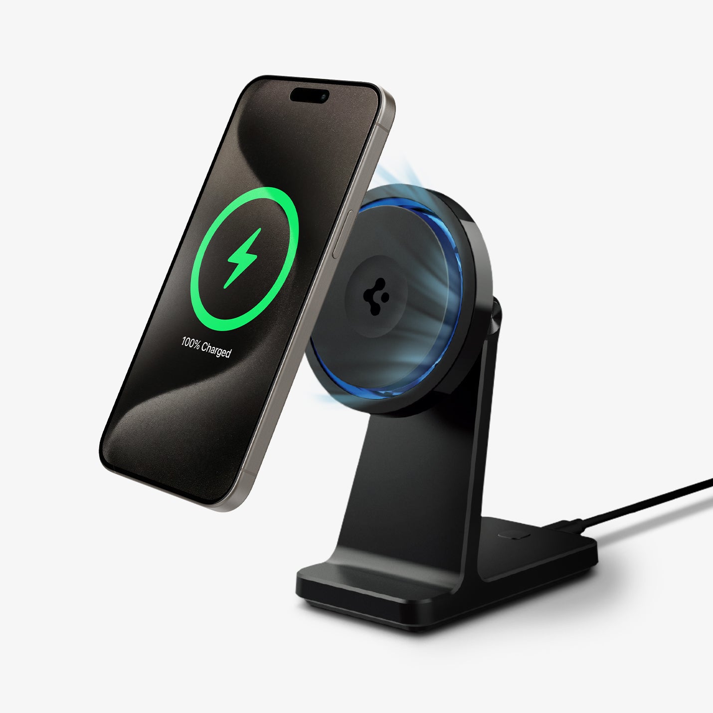 ACH07976 - OneTap Phone Stand S310WC (MagFit) in Black showing the front, partial side with device hovering above