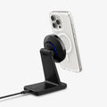 ACH07976 - OneTap Phone Stand S310WC (MagFit) in Black showing the back, partial side and bottom with device hovering in front