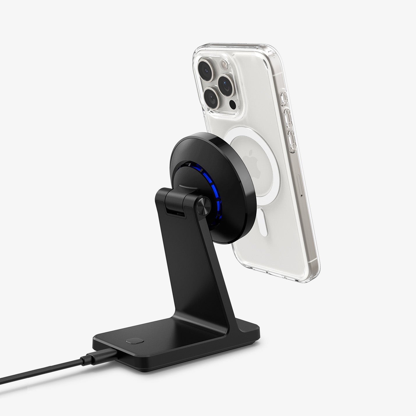 ACH07976 - OneTap Phone Stand S310WC (MagFit) in Black showing the back, partial side and bottom with device hovering in front