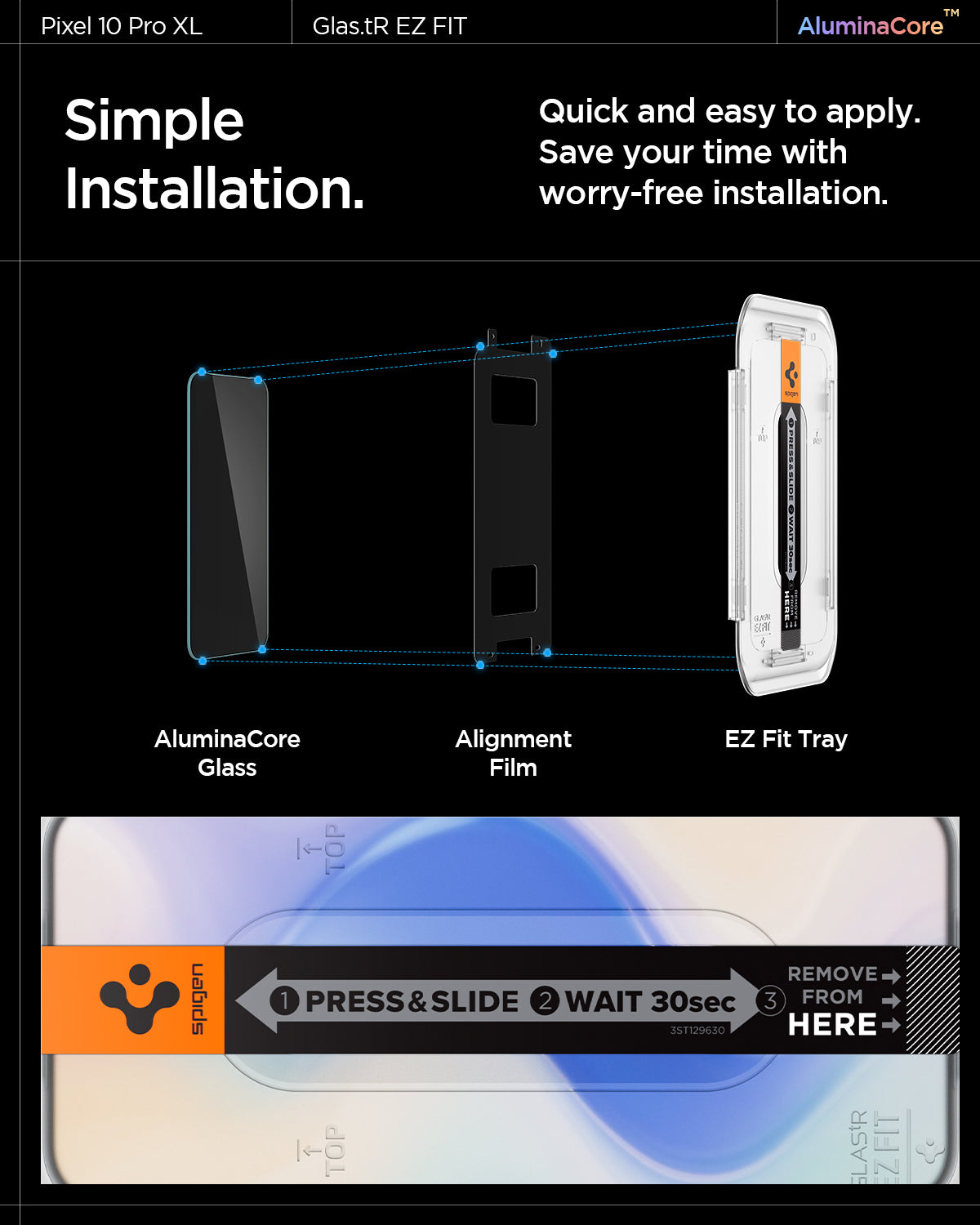 AGL08445 - Pixel 10 Pro XL GLAS.tR EZ Fit Screen Protector showing the simple installation. Quick and easy to apply. Save your time with worry-free installation