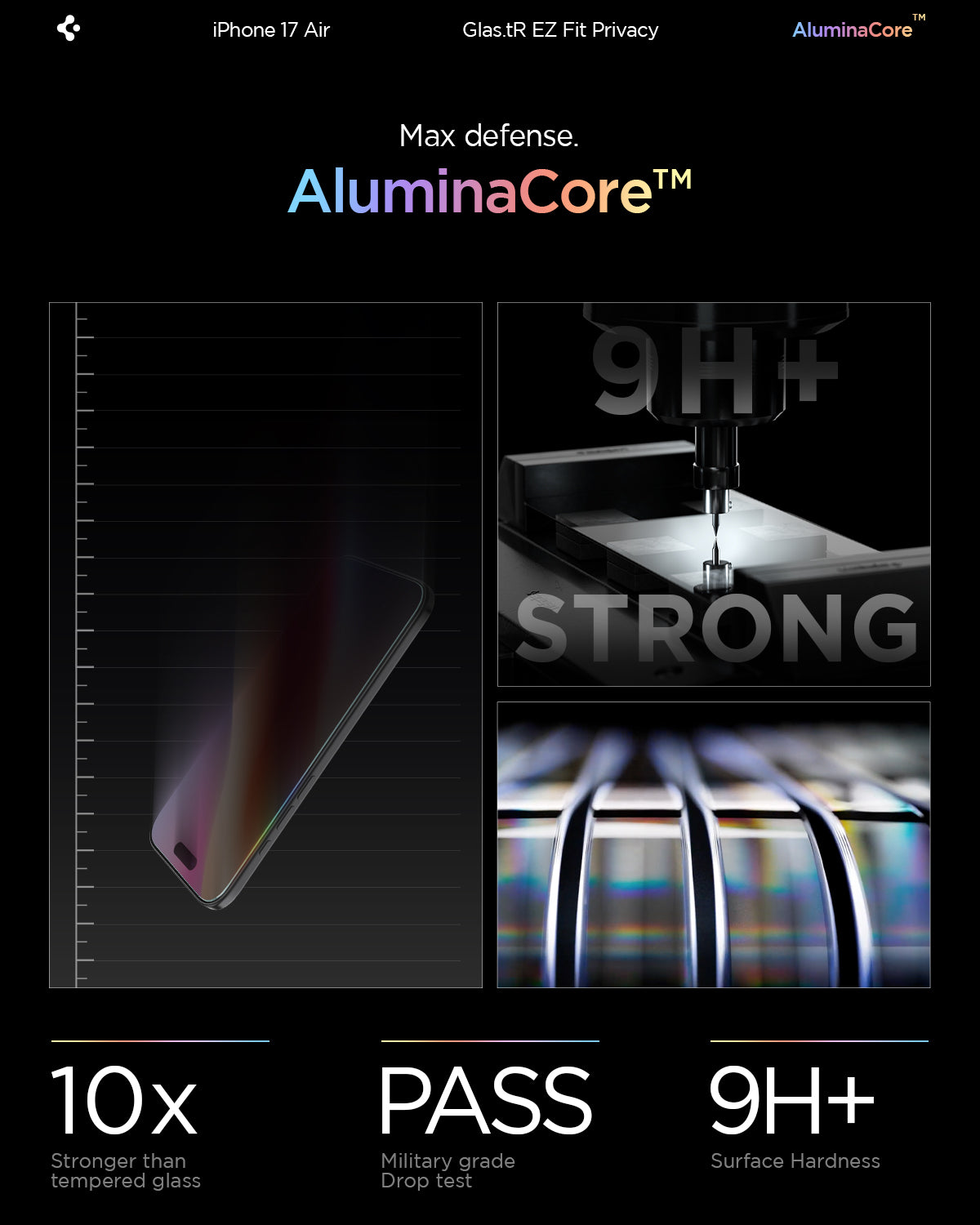 AGL09862 - iPhone 17 Air GLAS.tR EZ Fit Privacy showing the max defense with aluminacore