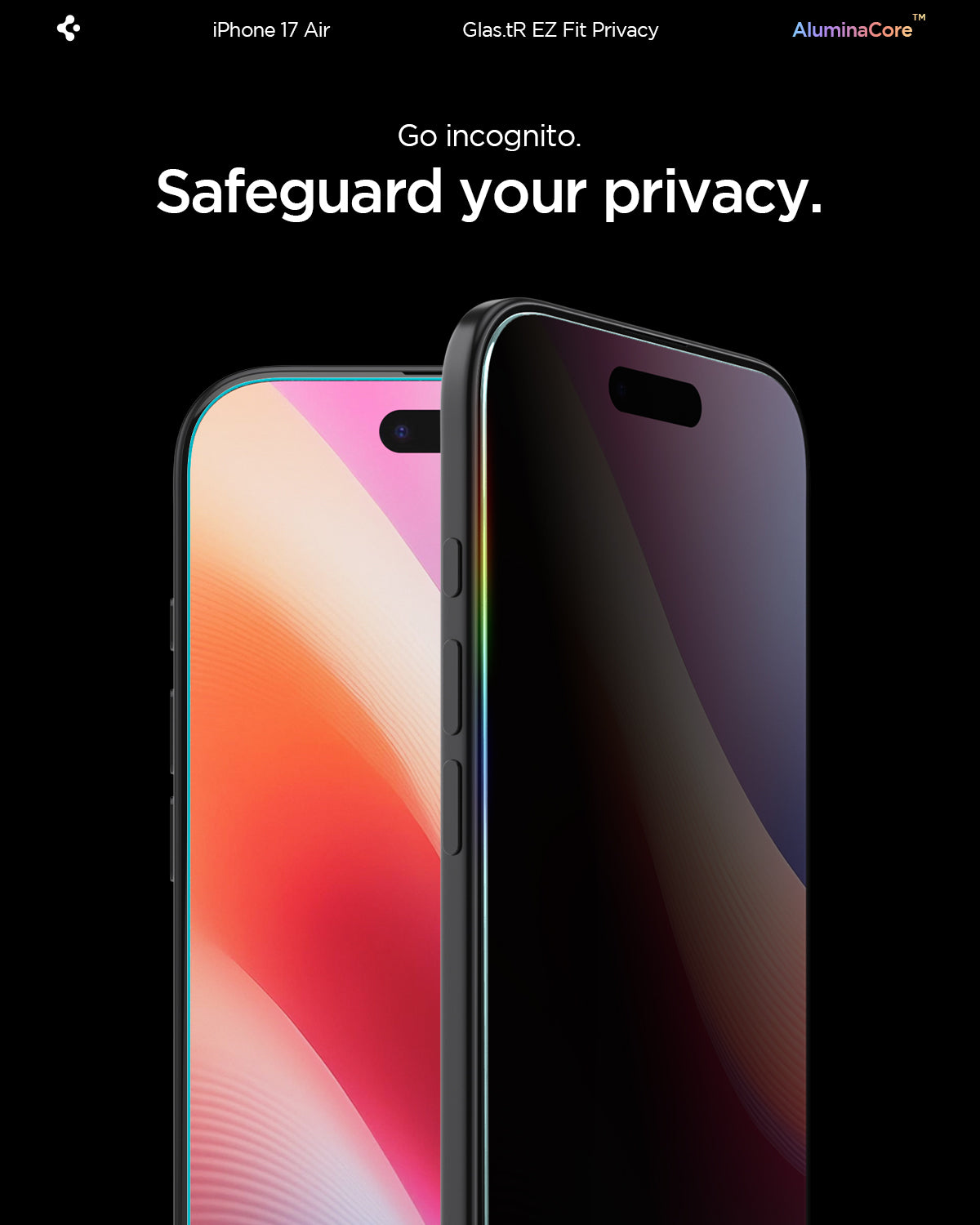 AGL09862 - iPhone 17 Air GLAS.tR EZ Fit Privacy showing go incognito. Safeguard your privacy.