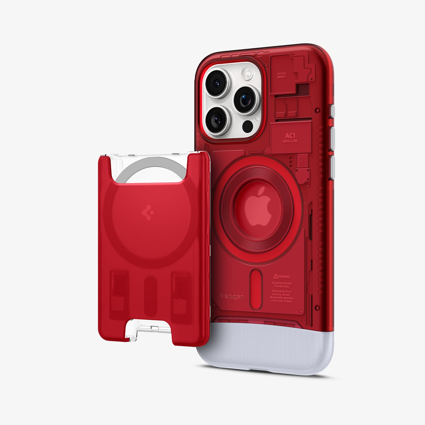 SPBD240006 - iPhone 15 Pro Case Classic C1 Bundle (MagFit) in Ruby showing the back, front and partial sides of both device and card slot
