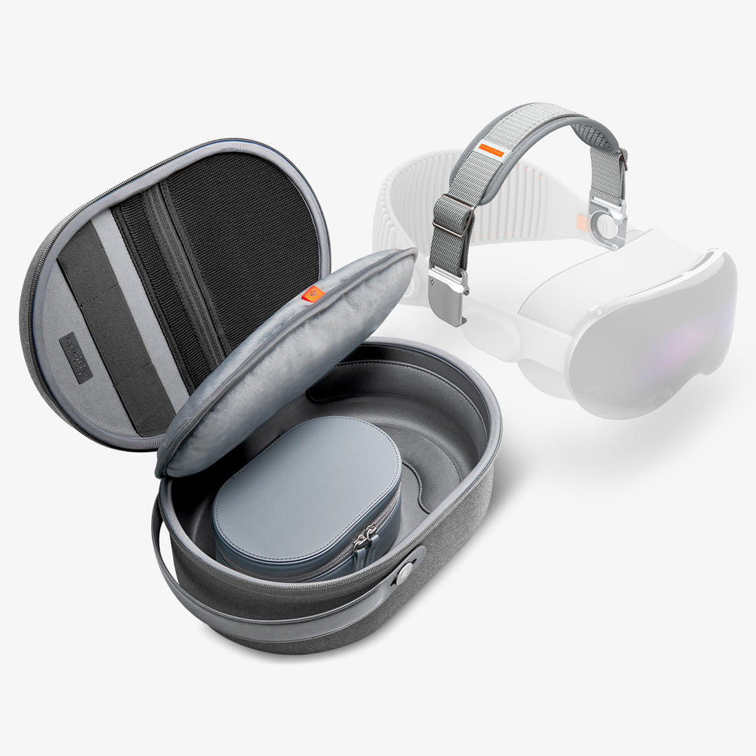 SPBD240007 - Apple Vision Pro Bundle in Charcoal Gray showing the front, partial side and inner part of bundled head strap and an elongated pouch with a small elongated pouch inside