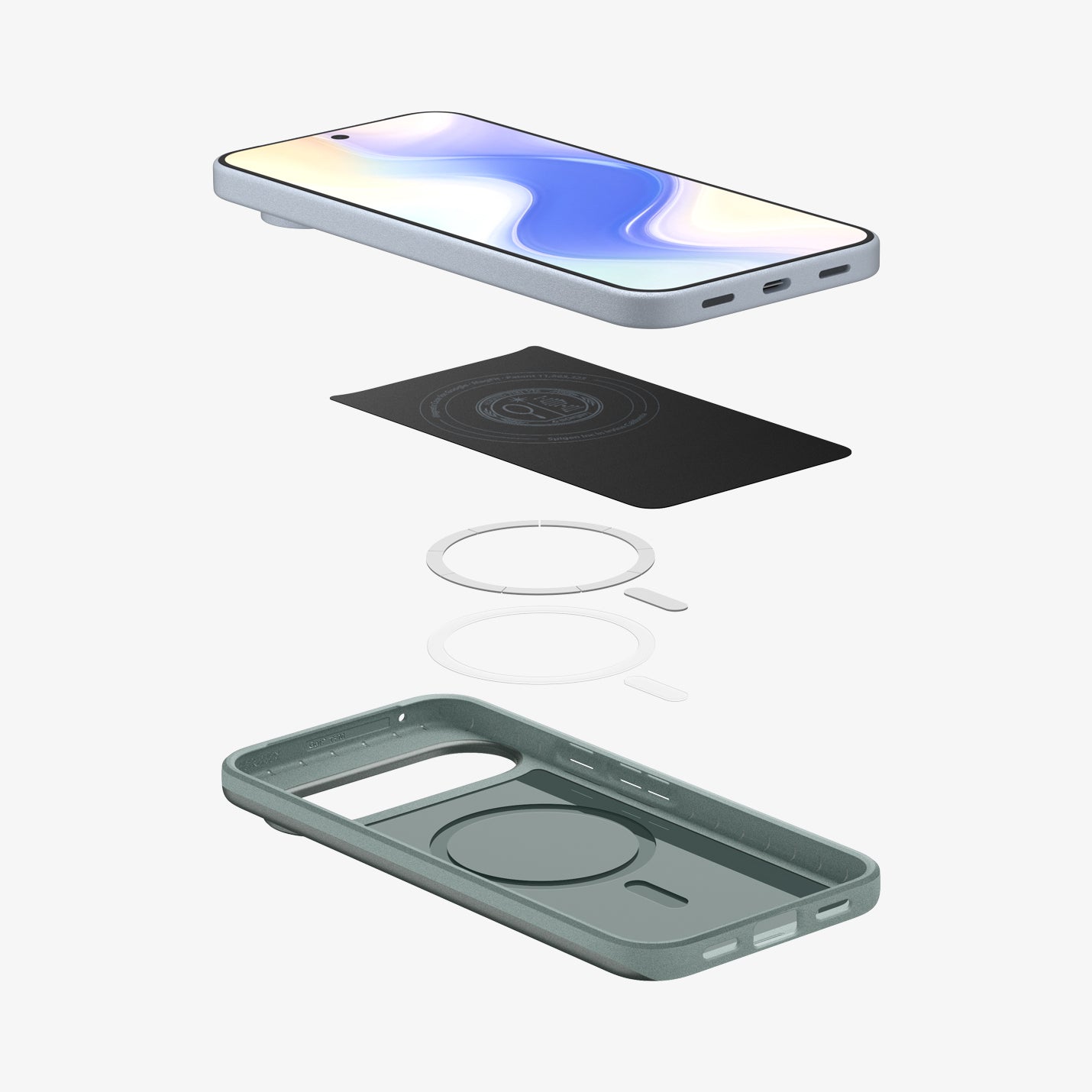 ACS09701 - Pixel 10, Pixel 10 Pro Thin Fit (MagFit) in Sage Green showing the multiple layers of case hovering below device