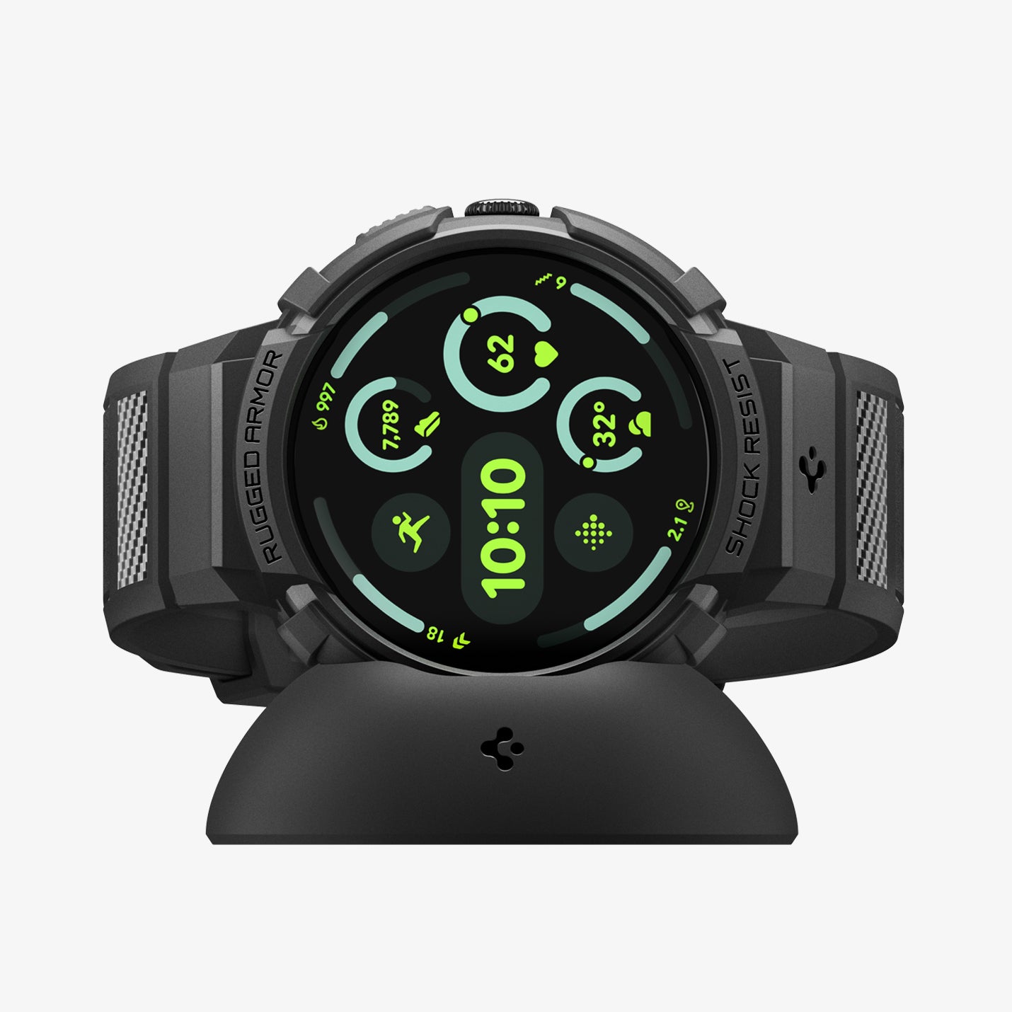 ACS09489 - GWdde Band Rugged Armor Pro in black showing the front with watch on charging stand