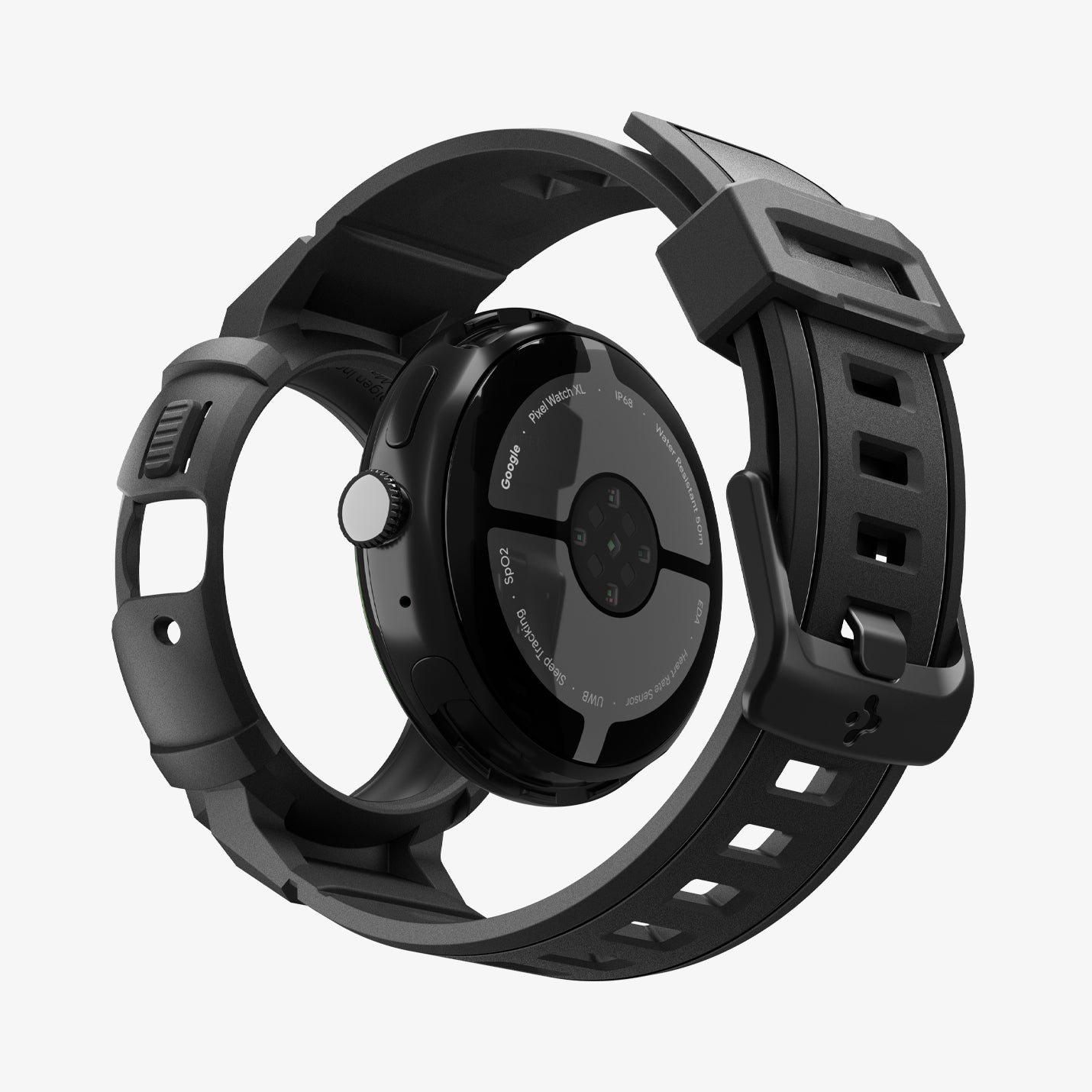 ACS09489 - GWdde Band Rugged Armor Pro in black showing the back with watch face hovering away from band