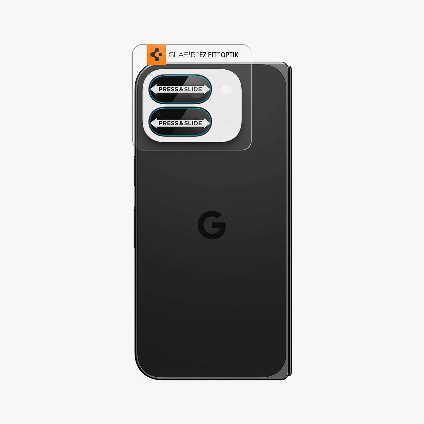 AGL09664 - Pixel 10 Pro Fold Optik EZ Fit Lens Protector showing the installation tray attached to the device
