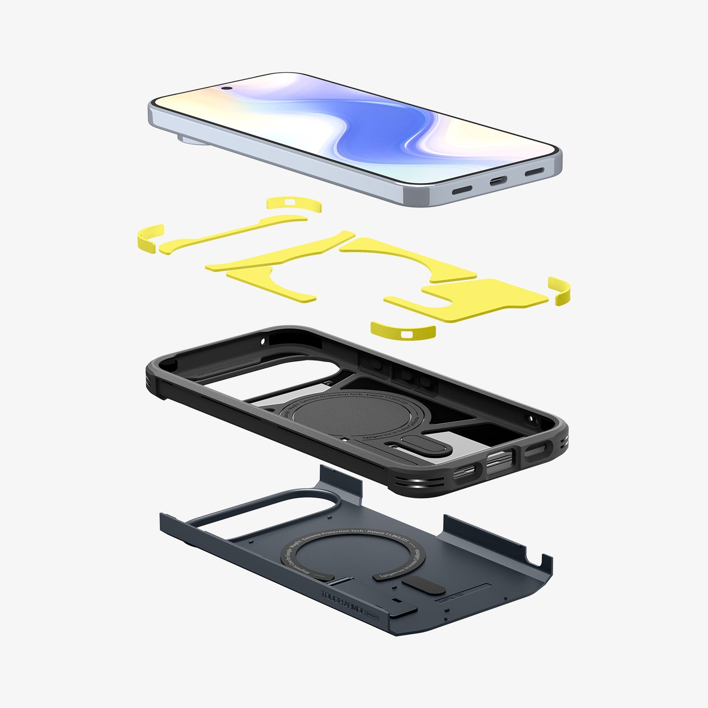 ACS09729 - Pixel 10 Pro XL Tough Armor AI (MagFit) in Metal Slate showing the multiple layers of case hovering below device