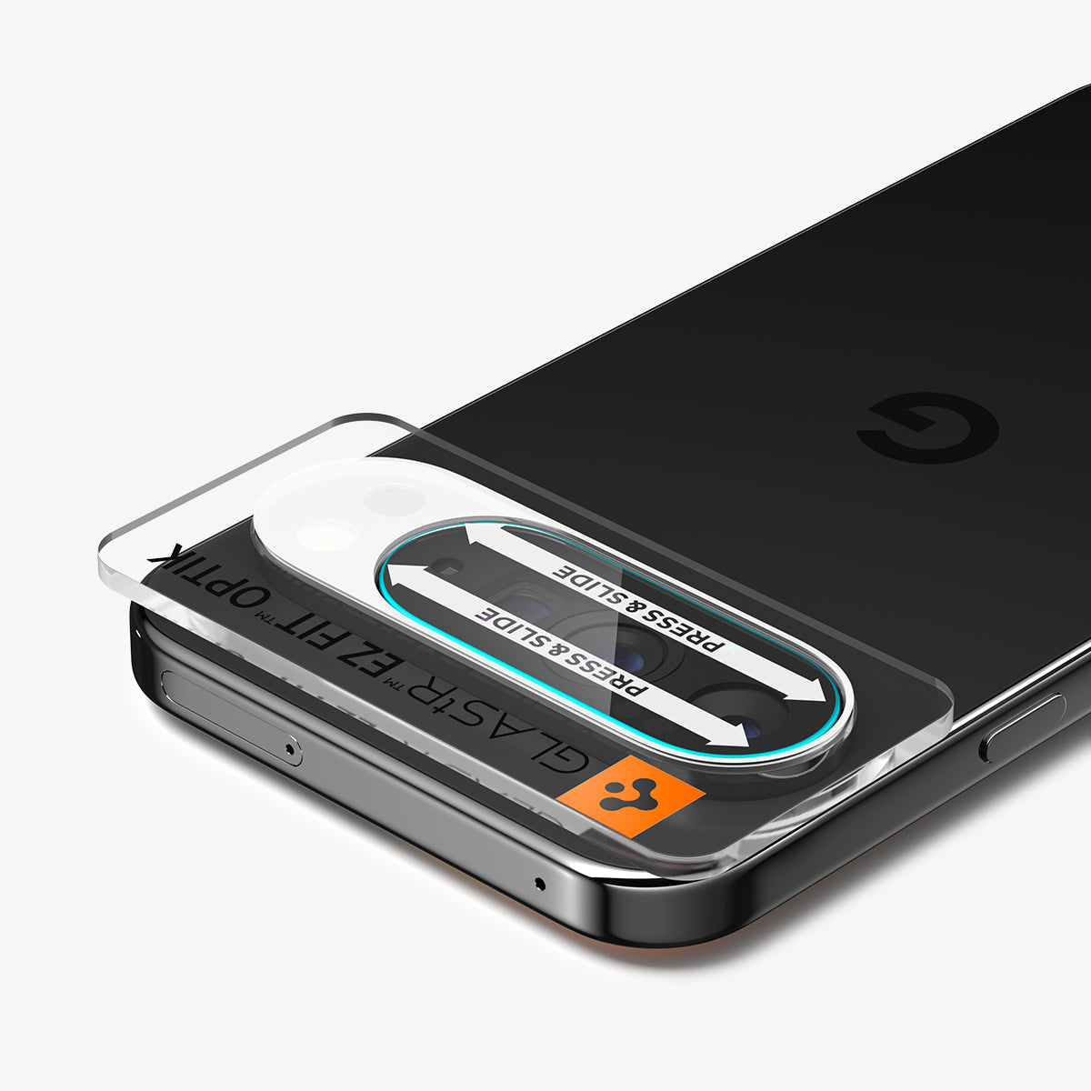 AGL09662 - Pixel 10 Pro Optik EZ Fit Lens Protector showing the installation tray with lens attached to the device
