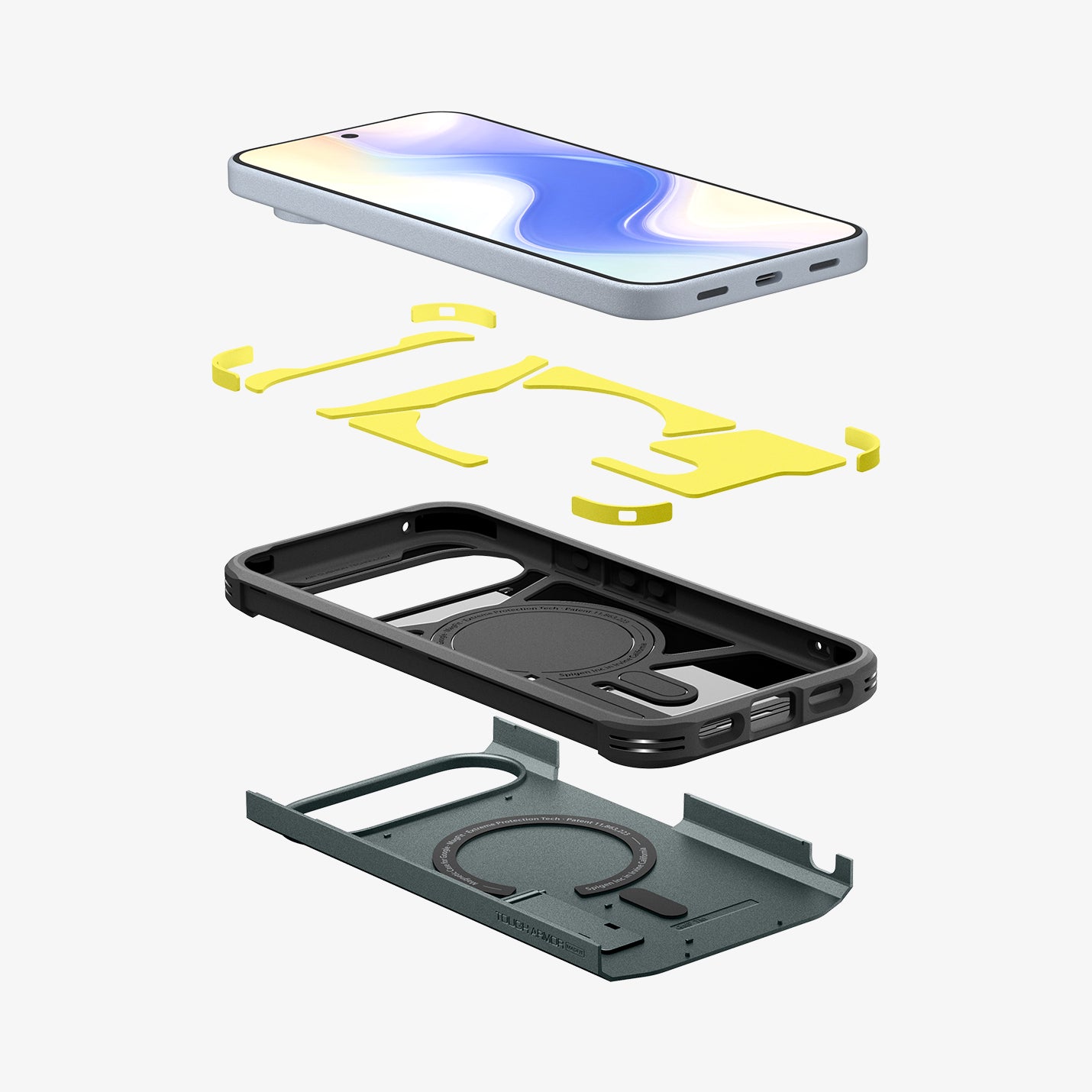 ACS09707 - Pixel 10 Pixel 10 Pro Tough Armor AI (MagFit) in Abyss Green showing the multiple layers of case hovering below device