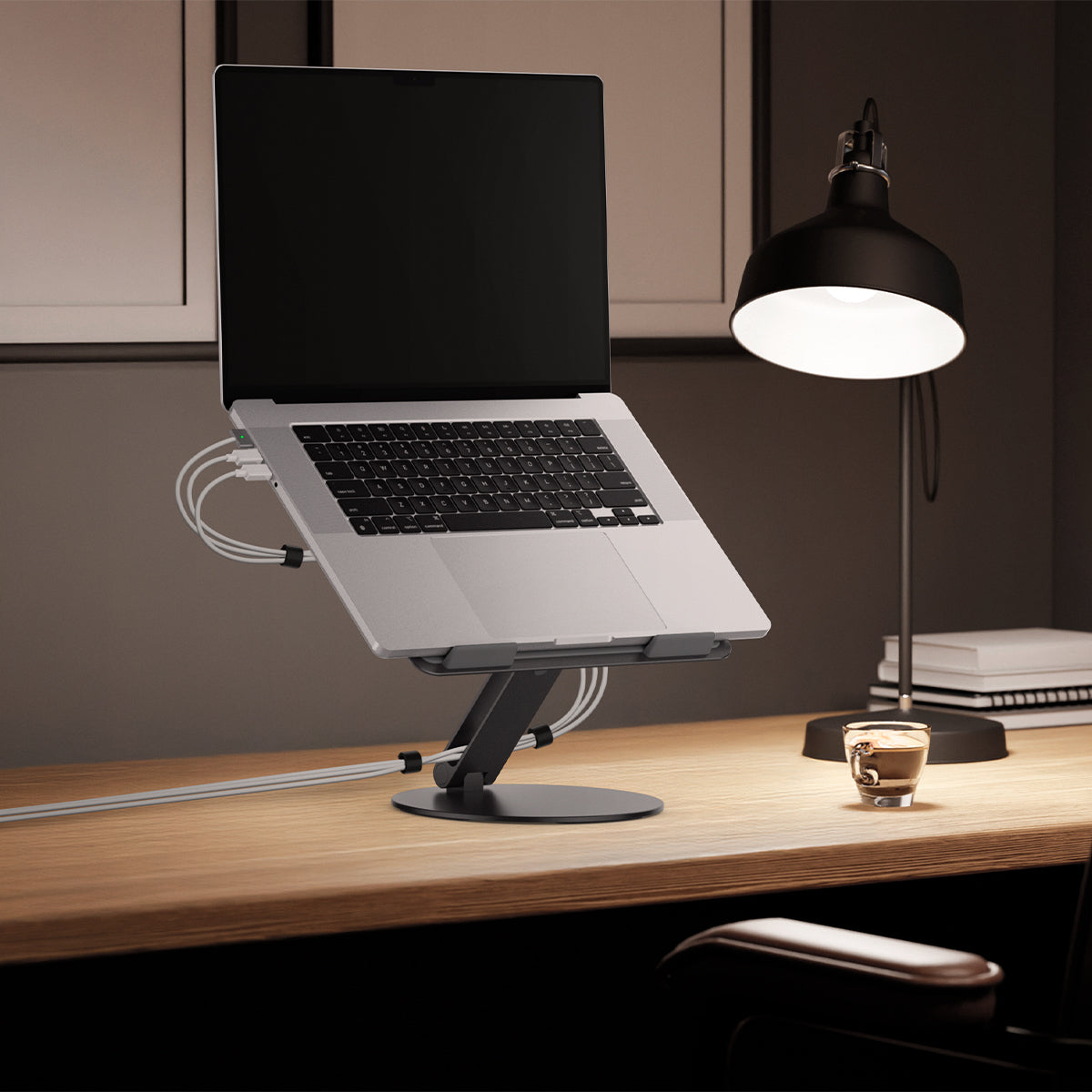AMP09303 - Laptop Stand | LD206C in Space Gray showing the front of the laptop while sitting on the laptop stand