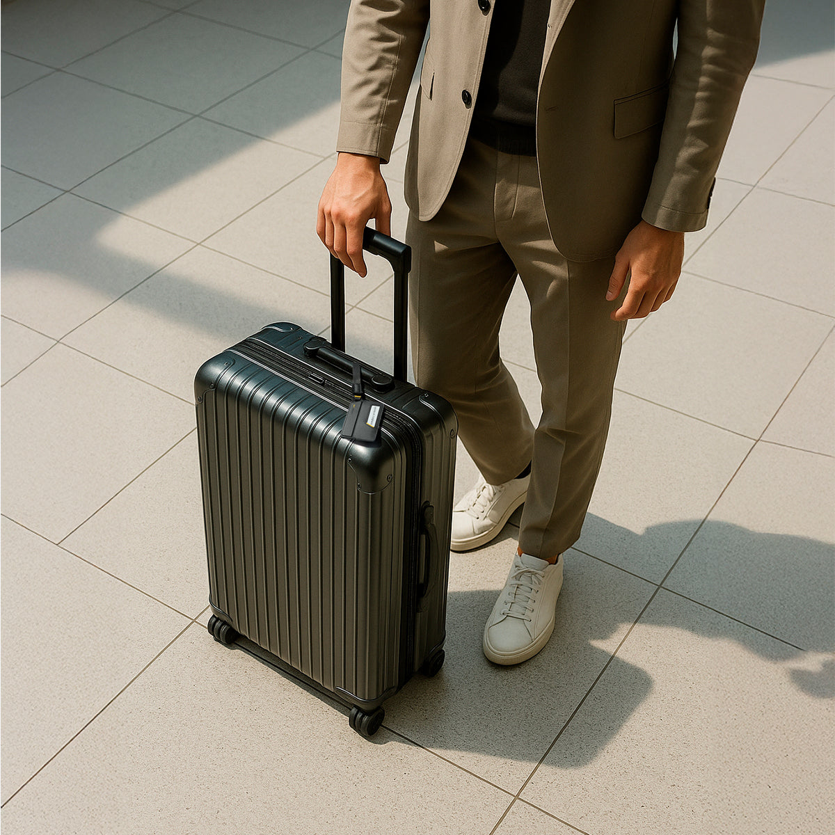 AHP09776 - luggage tag in black showing suit bag with tag.