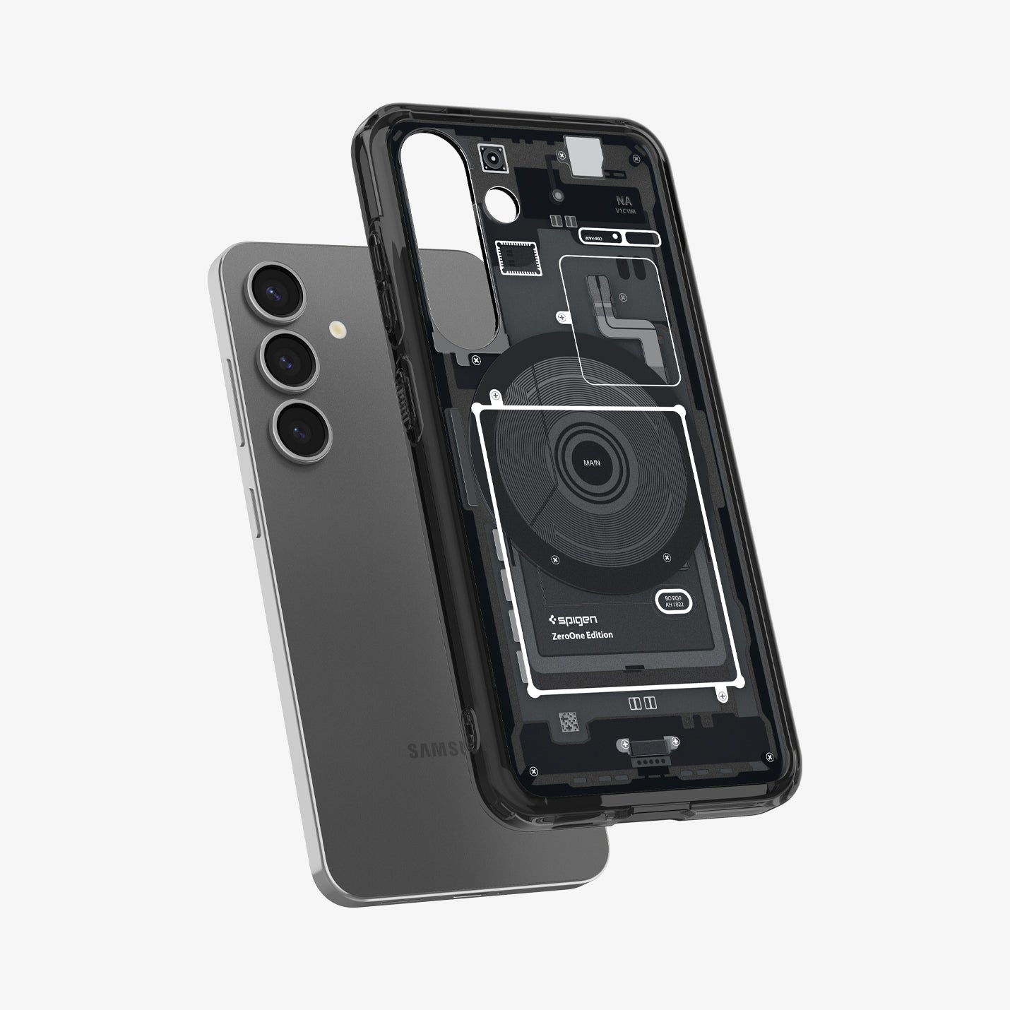 ACS08982 - Galaxy S25 Plus Case Ultra Hybrid Metal Ring Zero One (MagFit) in Zero One Black showing the back of the case hovering above the device