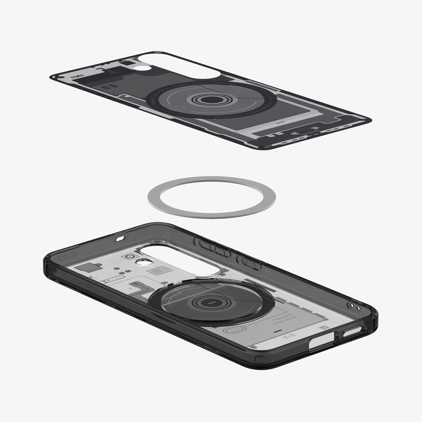 ACS08982 - Galaxy S25 Plus Case Ultra Hybrid Metal Ring Zero One (MagFit) in Zero One Black showing the inner layer hovering above the magfit ring and the case