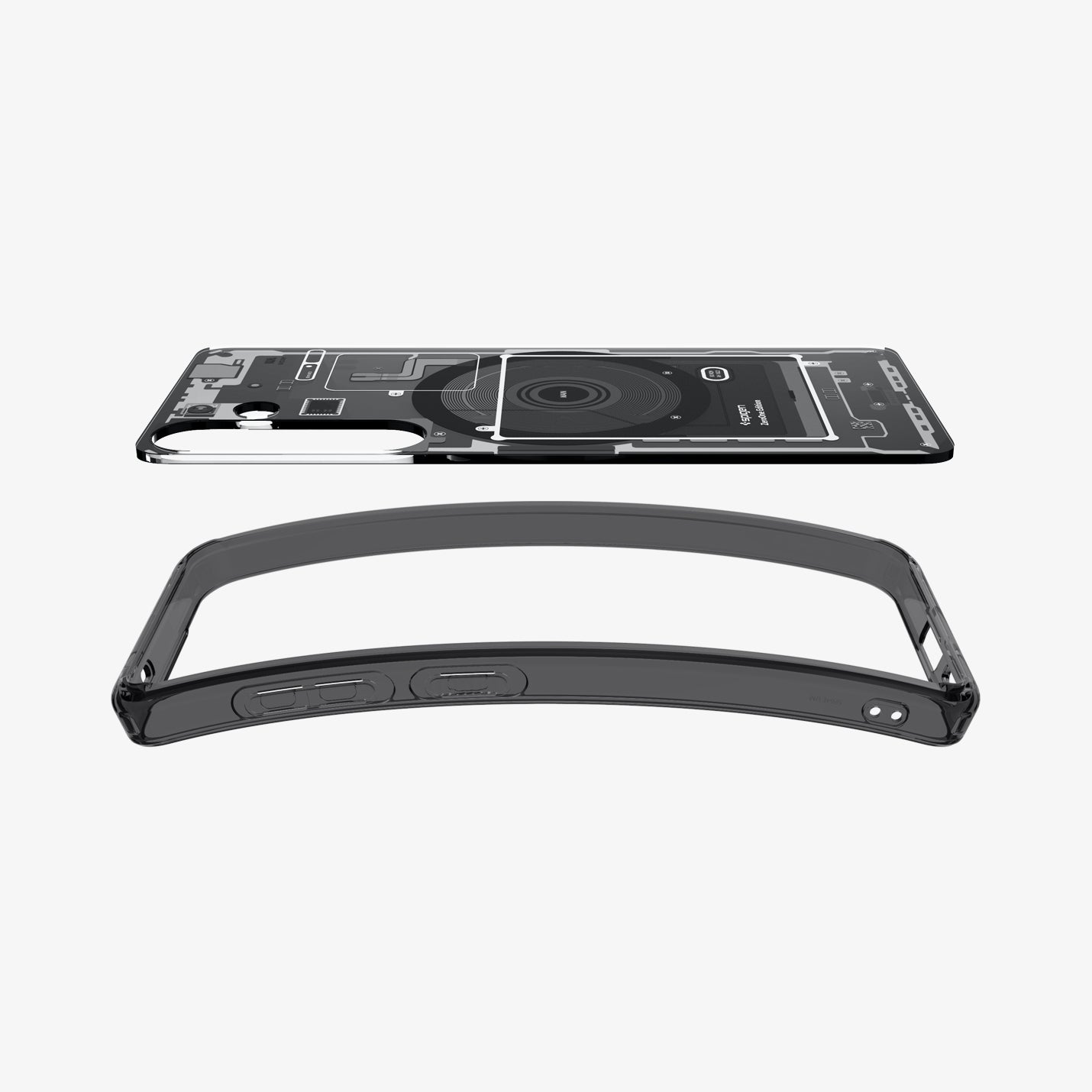 ACS08982 - Galaxy S25 Plus Case Ultra Hybrid Metal Ring Zero One (MagFit) in Zero One Black showing the back layer hovering above the tpu frame