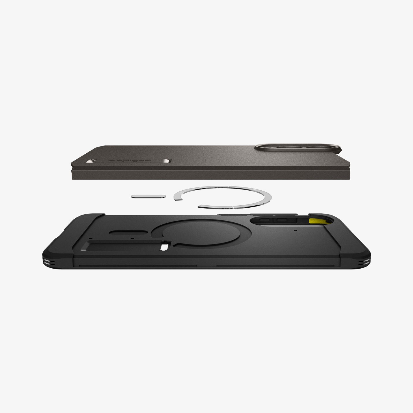 ACS09423 - Galaxy S25 Edge Case Tough Armor AI (MagFit) in Gunmetal showing the back layer hovering above the detached magnet ring and the first layer of the case