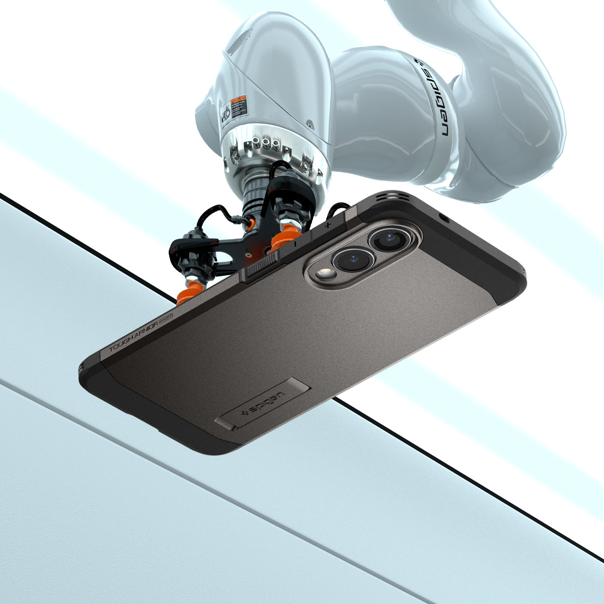 ACS09423 - Galaxy S25 Edge Case Tough Armor AI (MagFit) in Gunmetal showing the back, partial side and top while robot's arm attached at the front of the device