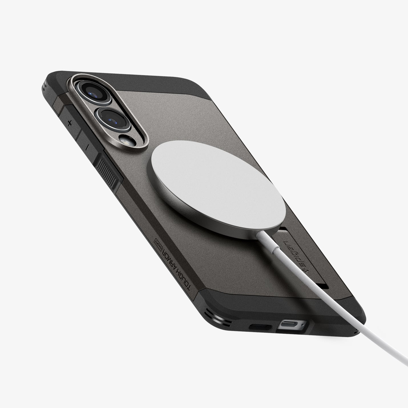 ACS09423 - Galaxy S25 Edge Case Tough Armor AI (MagFit) in Gunmetal showing the back, side and bottom of the case with wireless charger attached