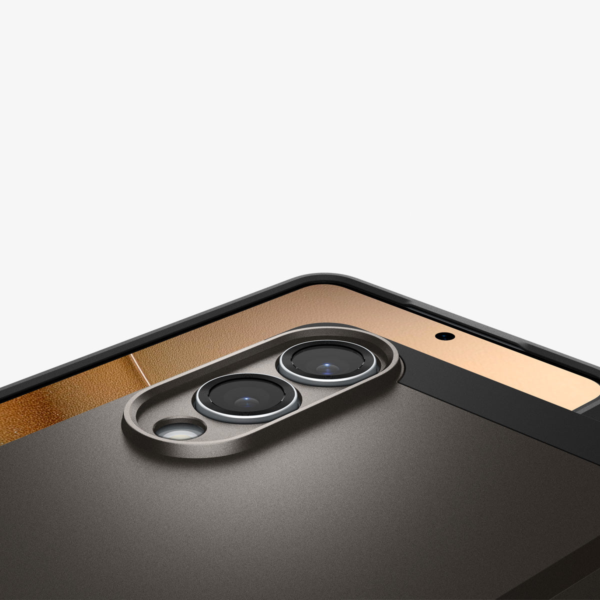 ACS09423 - Galaxy S25 Edge Case Tough Armor AI (MagFit) in Gunmetal showing the partial back, camera zoomed in and showing partial front