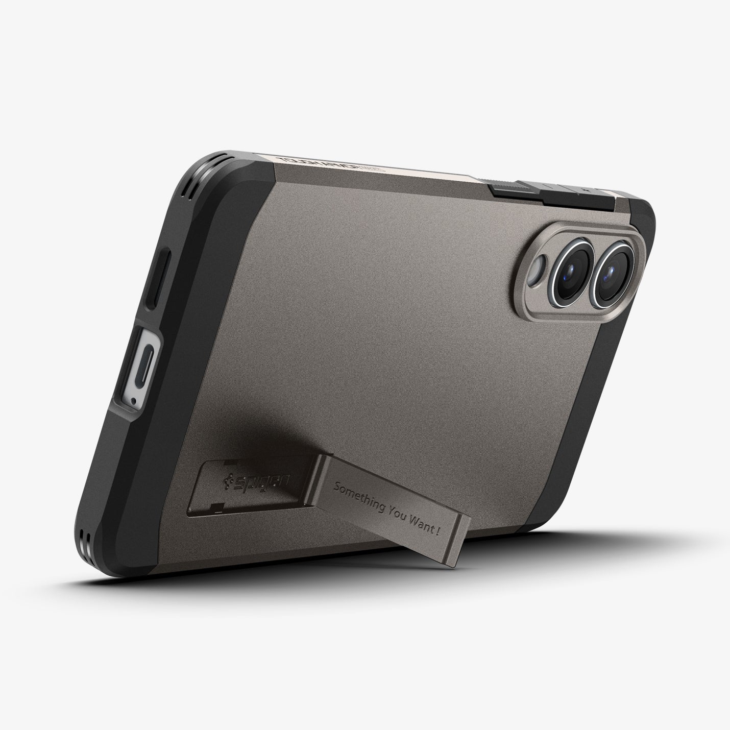 ACS09423 - Galaxy S25 Edge Case Tough Armor AI (MagFit) in Gunmetal showing the back, partial bottom, propped up with the built-in kickstand in landscape mode