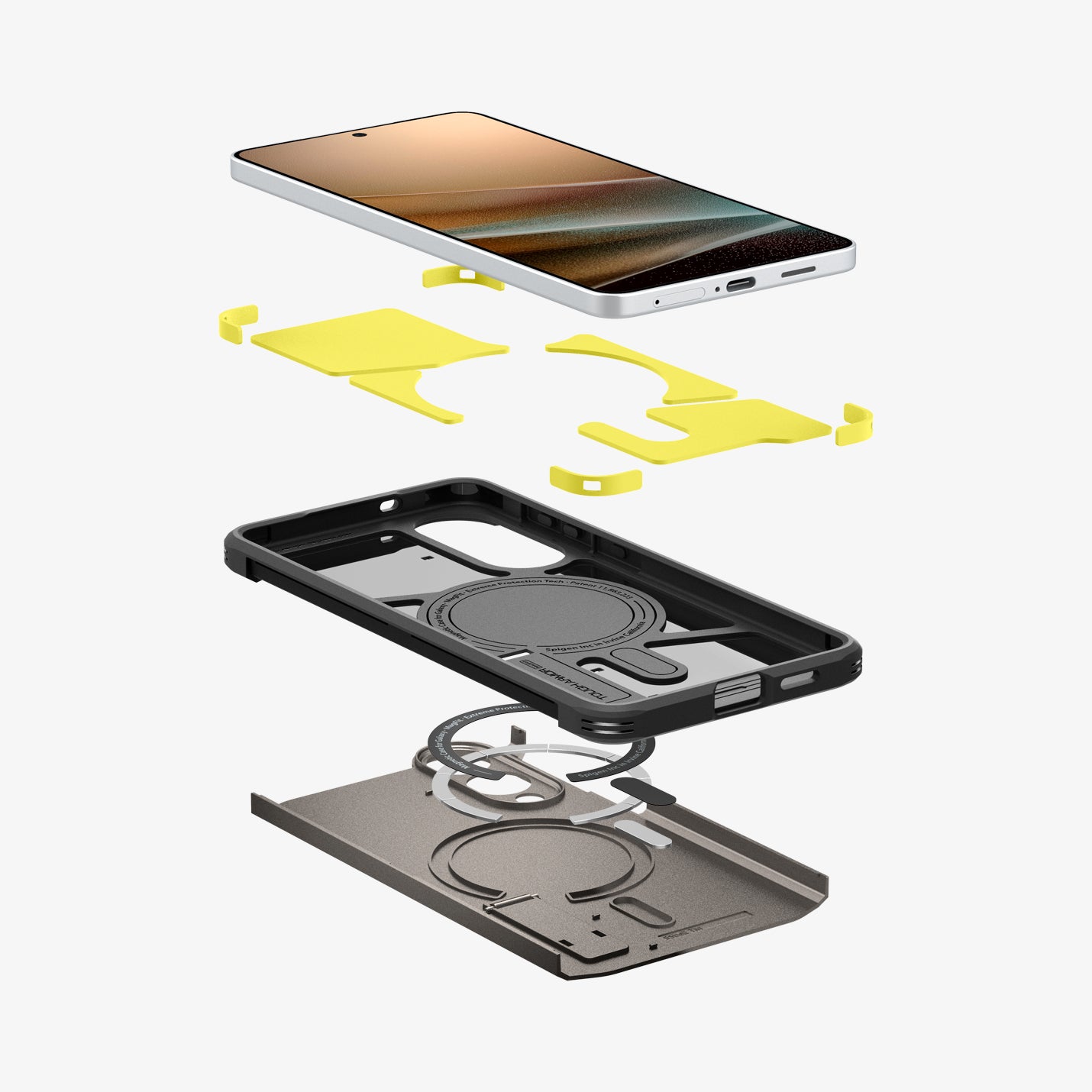 ACS09423 - Galaxy S25 Edge Case Tough Armor AI (MagFit) in Gunmetal showing the device hovering above the detached impact foam, tpu frame, magnet ring and back layer of the case