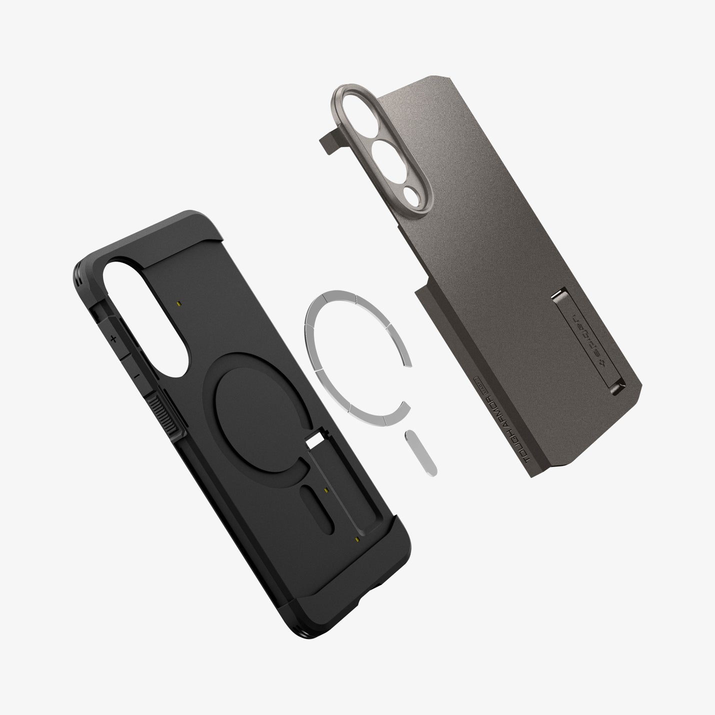 ACS09423 - Galaxy S25 Edge Case Tough Armor AI (MagFit) in Gunmetal showing the back layer, hovering above the detached magnet ring and first layer of the case