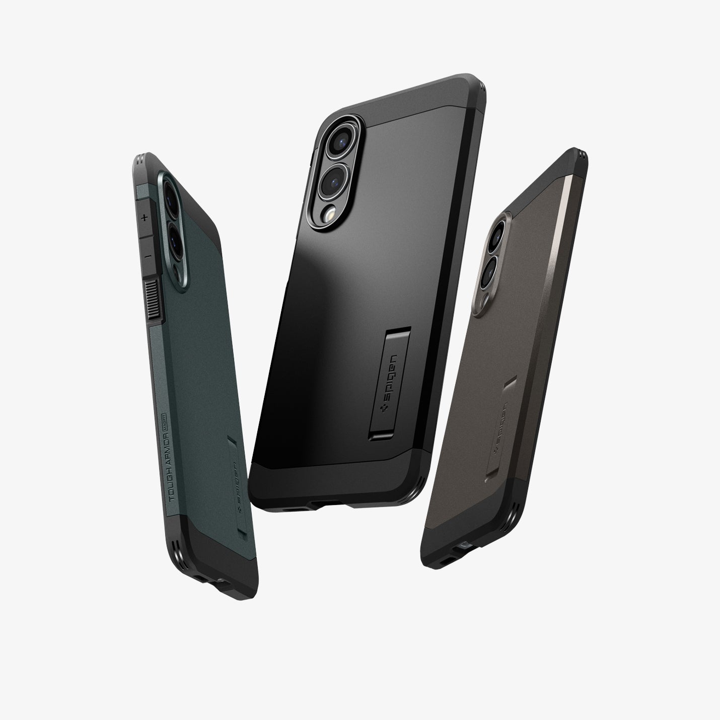ACS09423 - Galaxy S25 Edge Case Tough Armor AI (MagFit) in Gunmetal showing the back, partial sides and bottom of 3 cases in different shades
