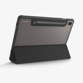 ACS09498 - Galaxy Tab S10 FE Case Ultra Hybrid Pro in Black showing the back and partial top and side with front cover converted into stand and S pen attached at the back