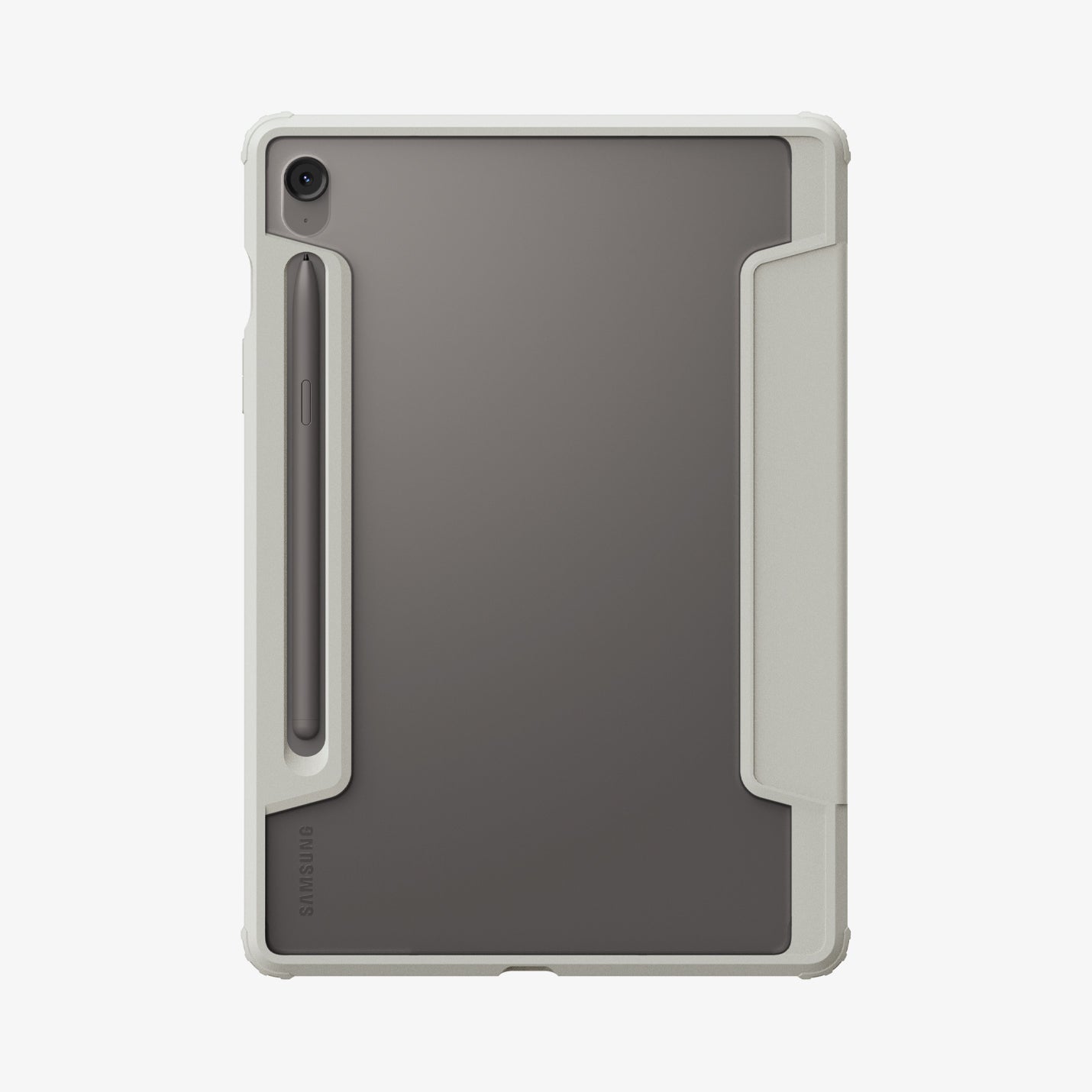 ACS09533 - Galaxy Tab S10 FE Case Ultra Hybrid Pro in Gray showing the back with s pen attached