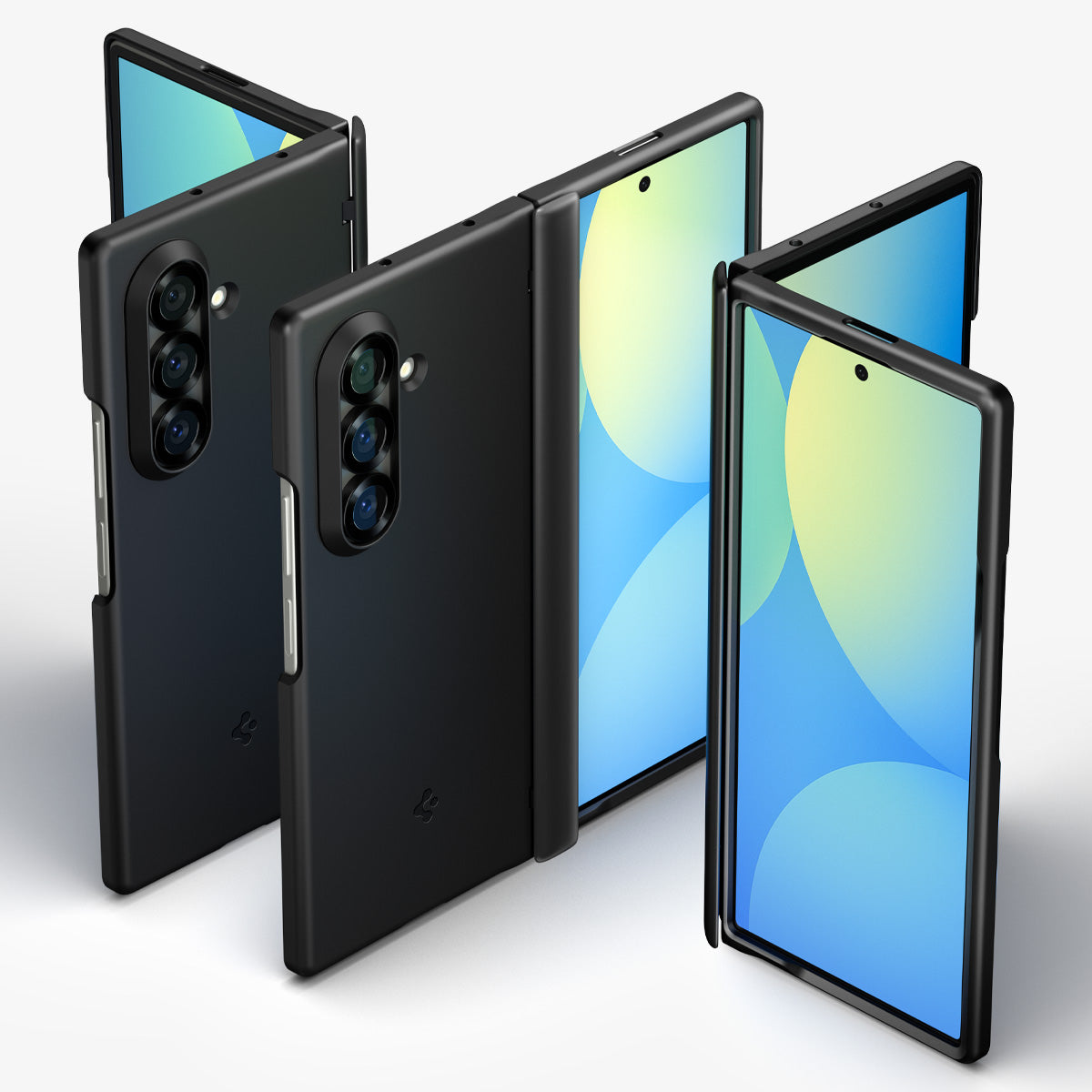 ACS09767 - Galaxy Z Fold 7 Air Fit Pro (MagFit) showing the front, partial front, back, partial back and hinge of 3 devices aligned with each other