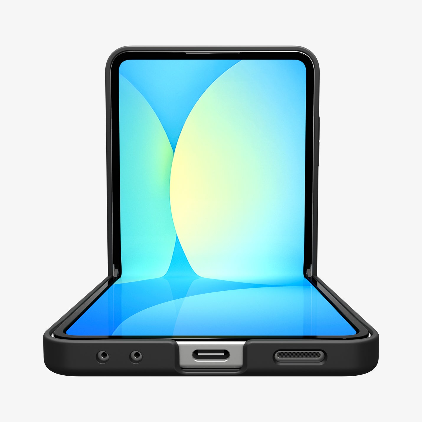 ACS09768 - Galaxy Z Flip 7 Case Air Fit Pro (MagFit) in black showing the front and bottom with device open half way