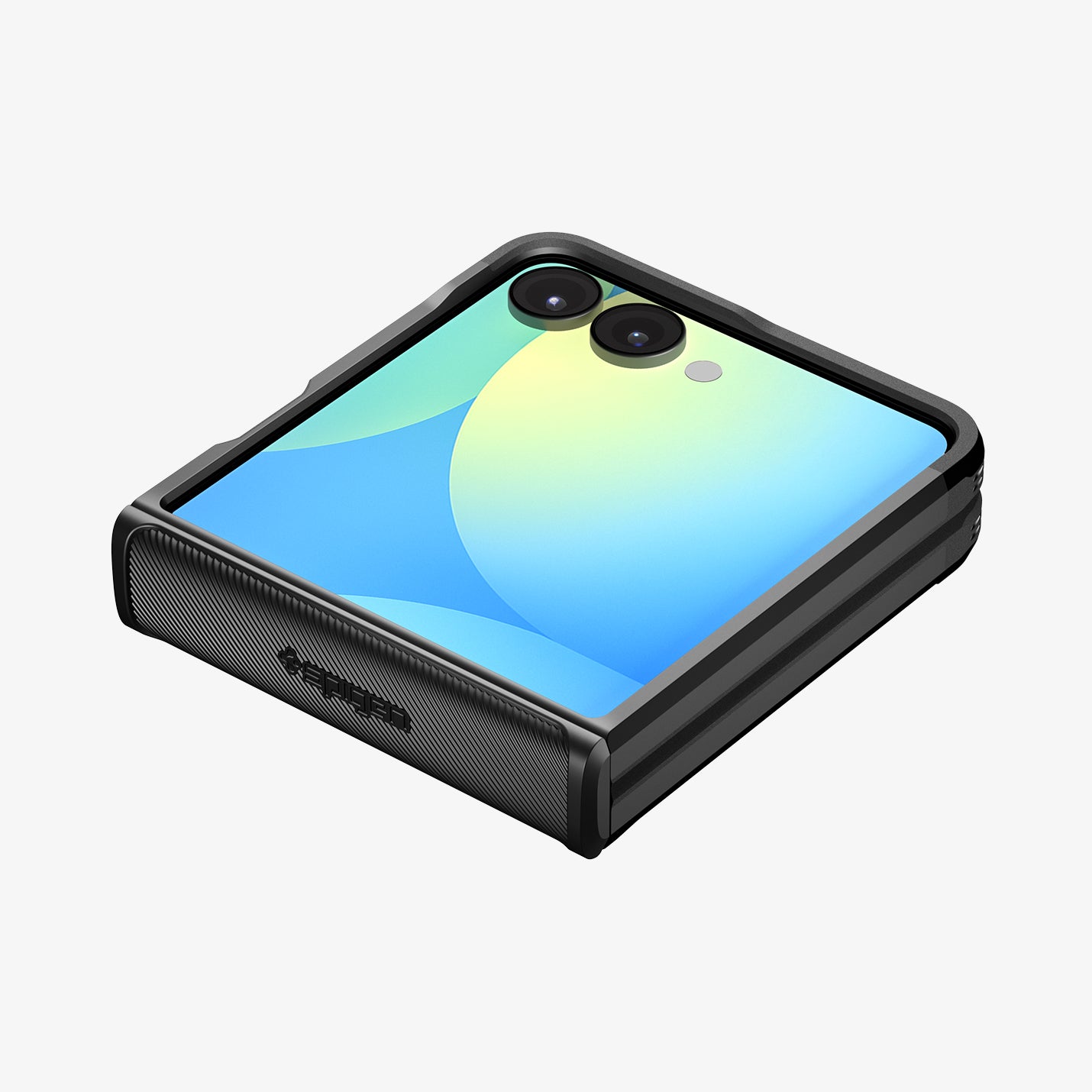ACS09558 - Galaxy Z Flip 7 Case Slim Armor Pro (MagFit) in black showing the back, side and hinge with device folded