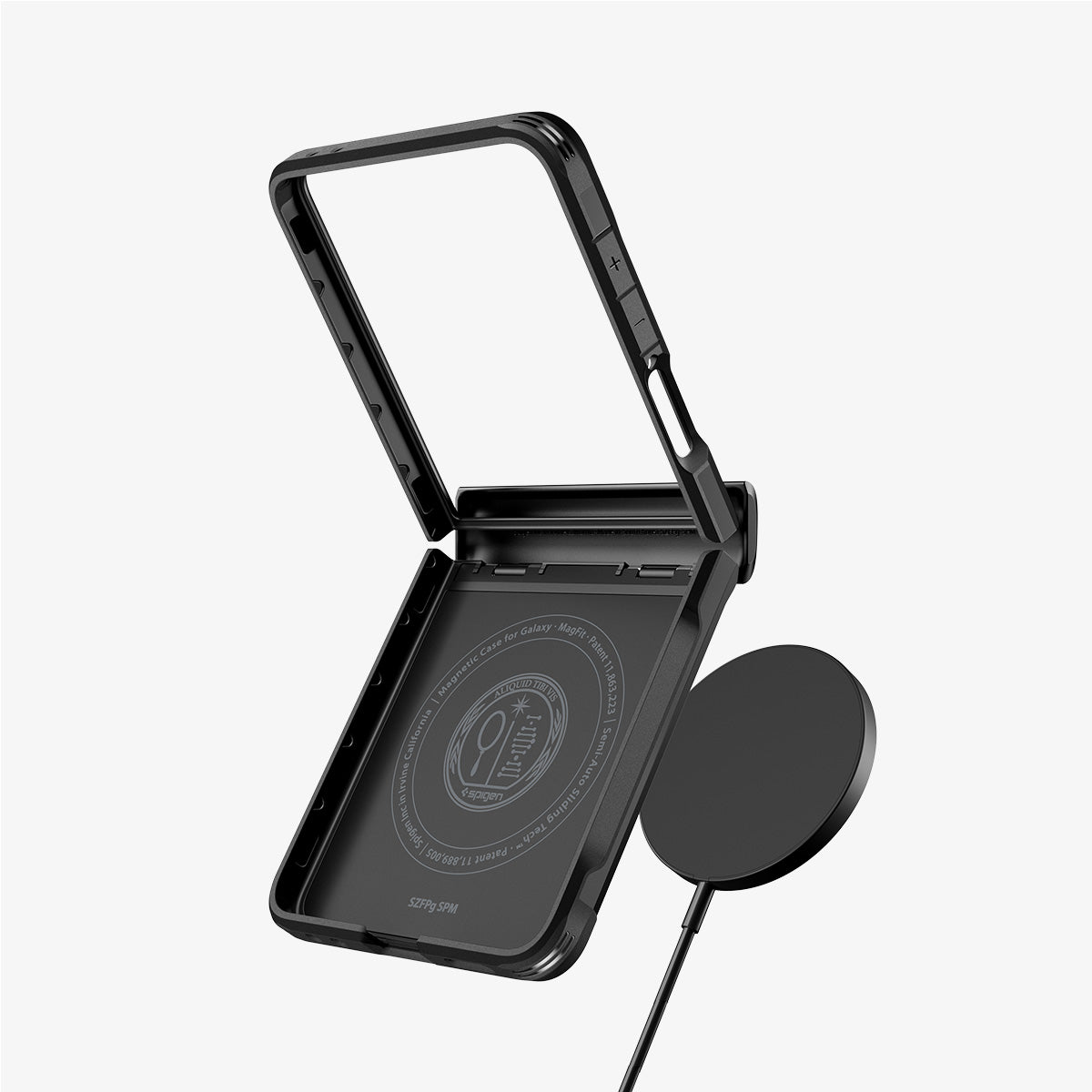 ACS09558 - Galaxy Z Flip 7 Case Slim Armor Pro (MagFit) in black showing the inside and side with magsafe charger hovering behind the case