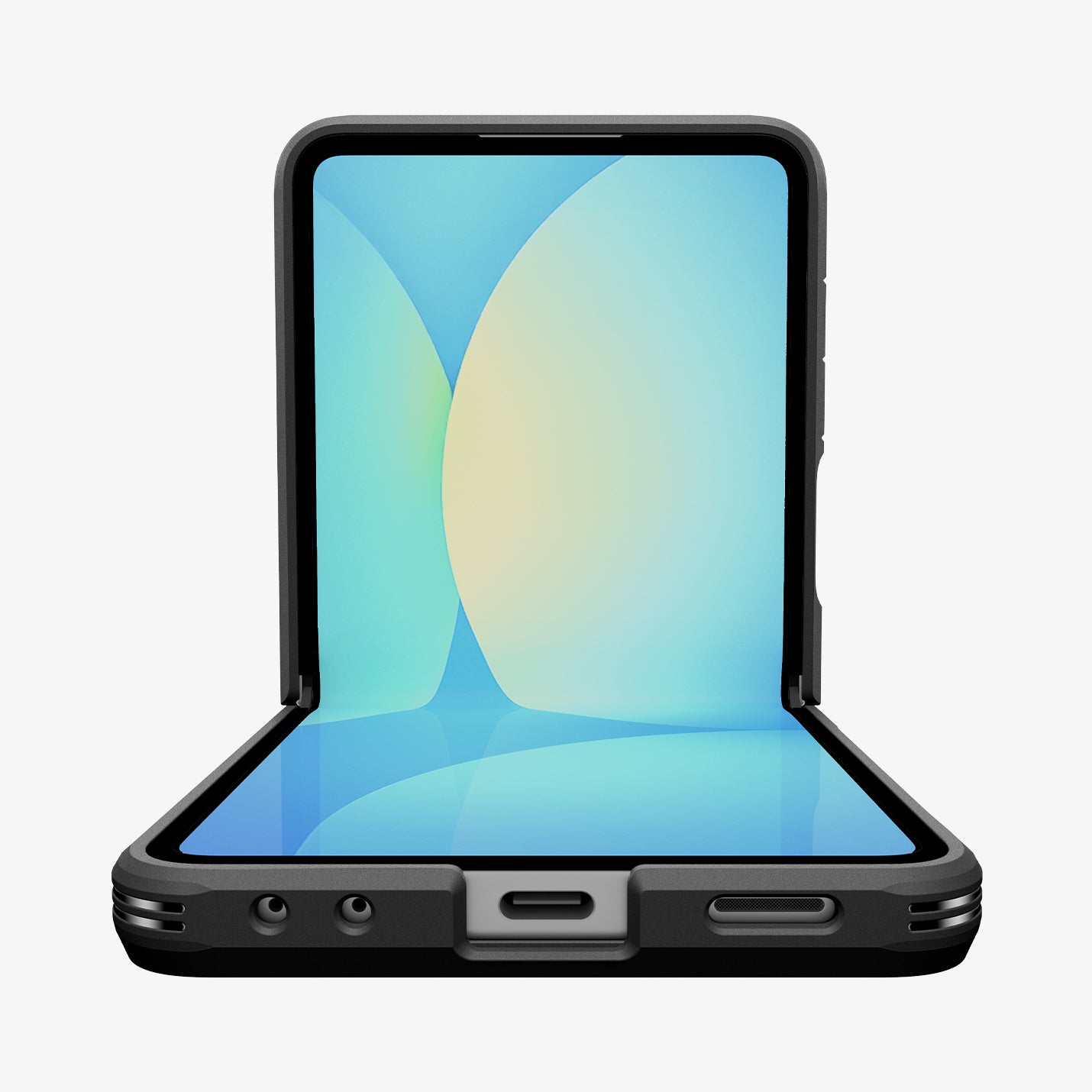 ACS09558 - Galaxy Z Flip 7 Case Slim Armor Pro (MagFit) in black showing the front and bottom with device half folded open