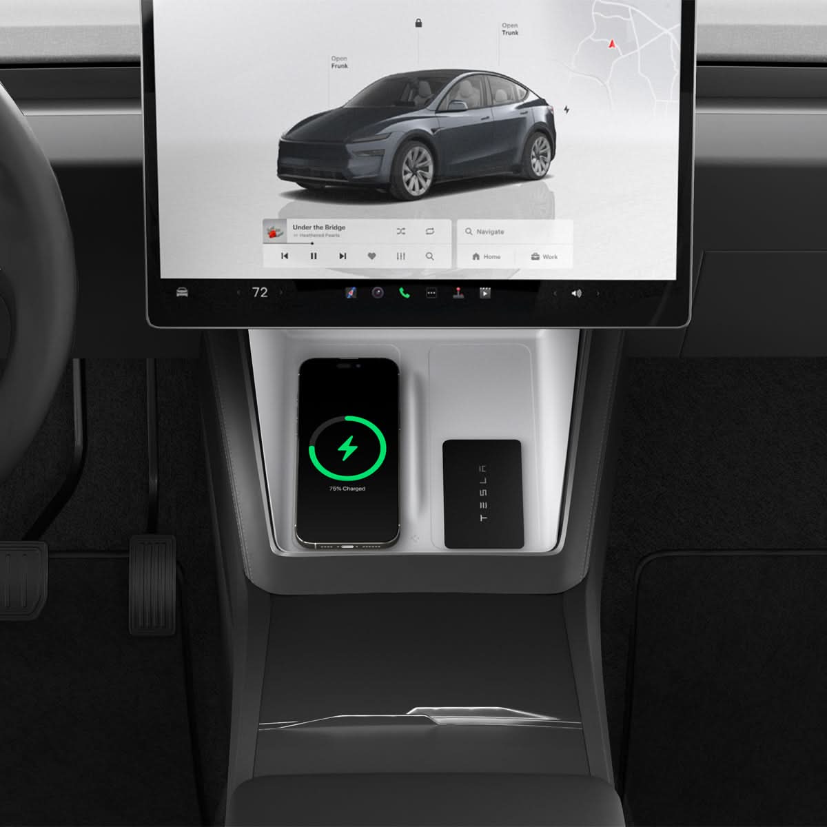 ACP10032 - Model Y (2026) Wireless Charging Pad Cover | TO261JH in White showing the front installed with device and cards on top