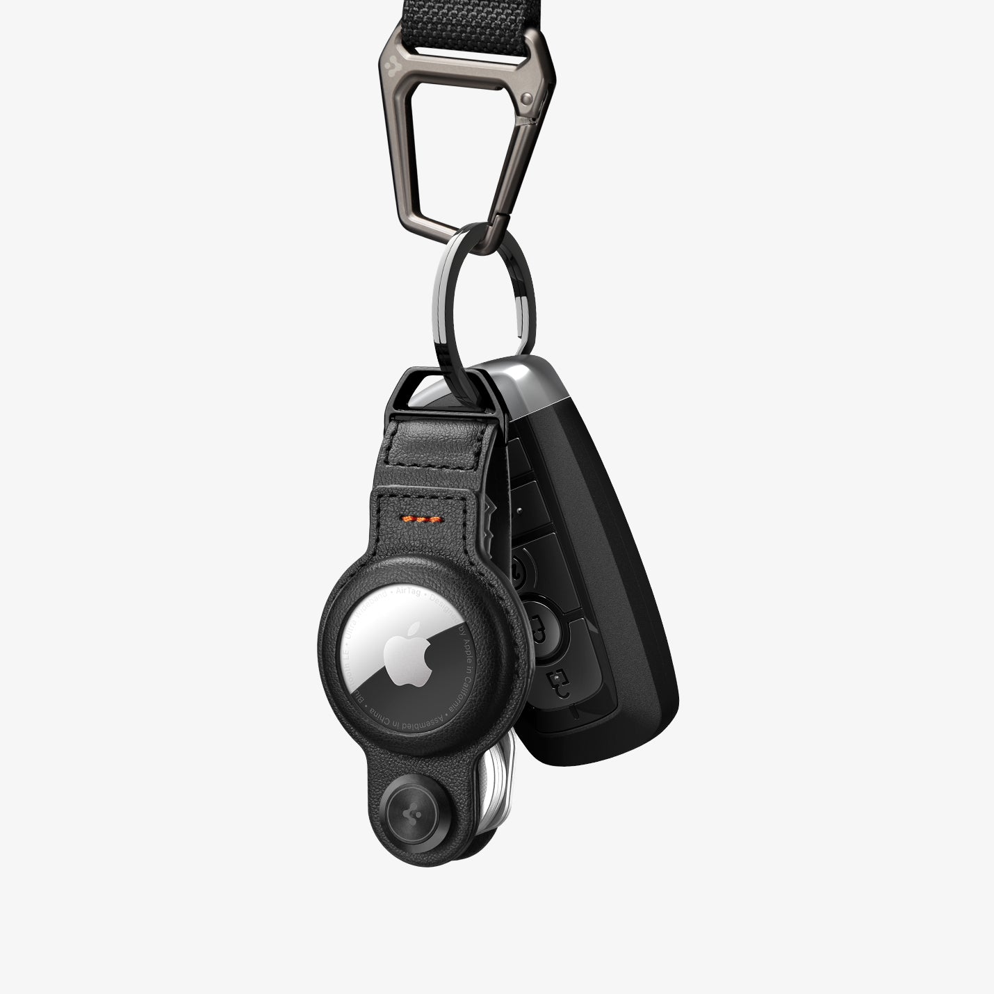 AHP09660 - Apple AirTag Valentinus Pro in Black showing the front with carabiner attached