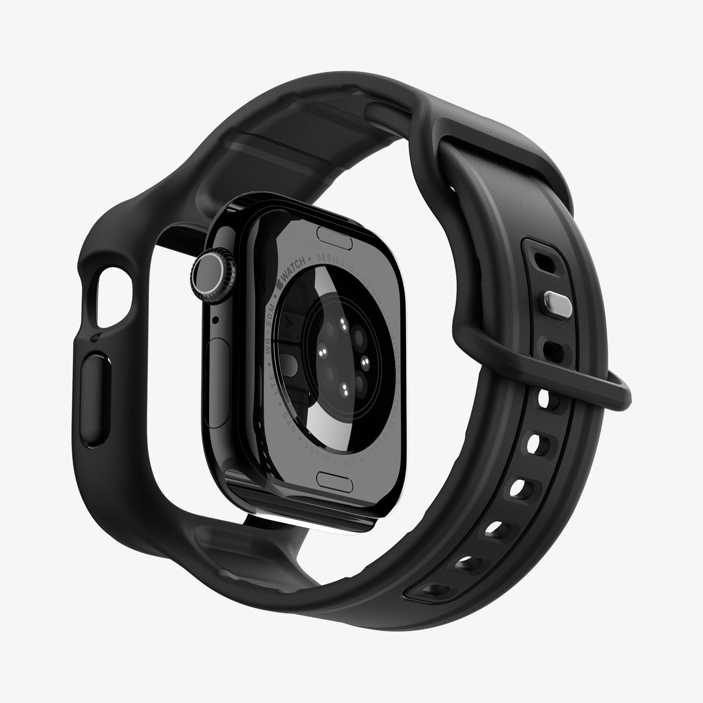 ACS09390 - Apple Watch 10 (42mm) Case Vault Pro in Matte Black showing the back of the watch face detached, hovering under the band, showing partial inner and back bottom