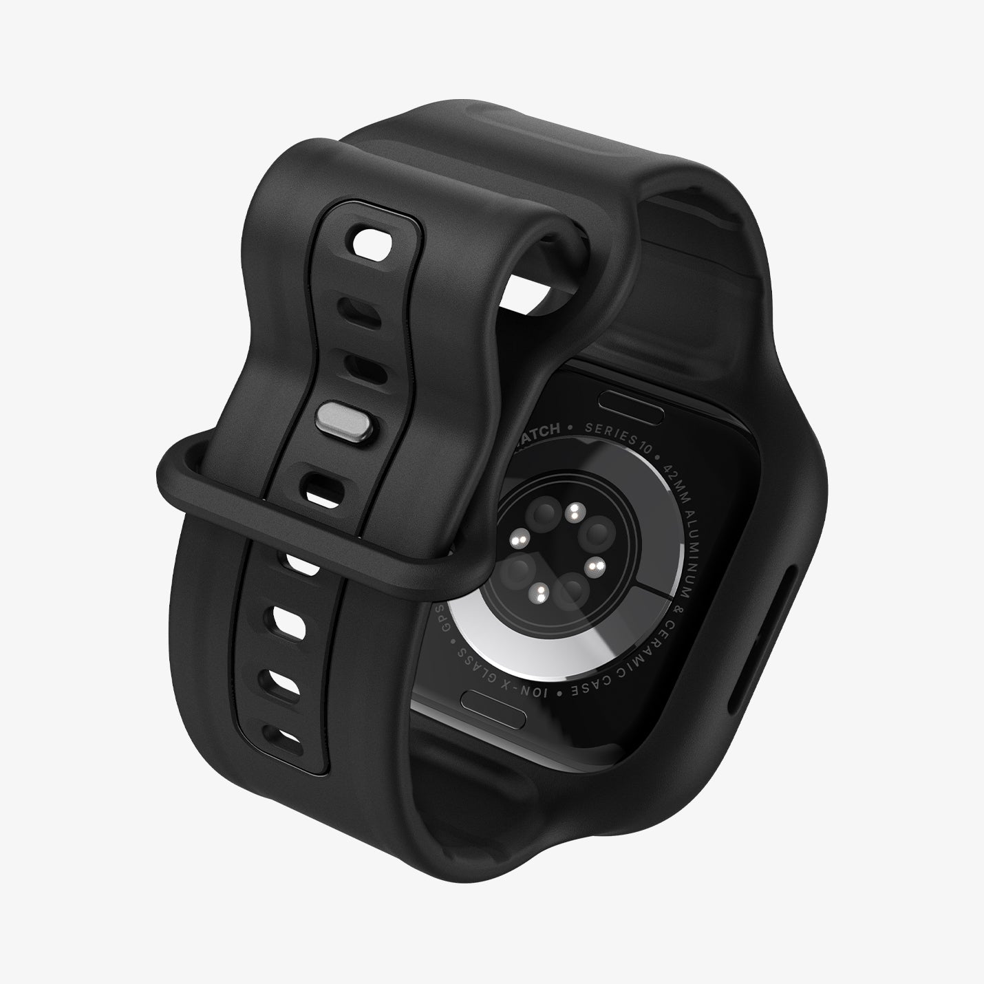 ACS09390 - Apple Watch 10 (42mm) Case Vault Pro in Matte Black showing the back partial inner and bottom band partially curled