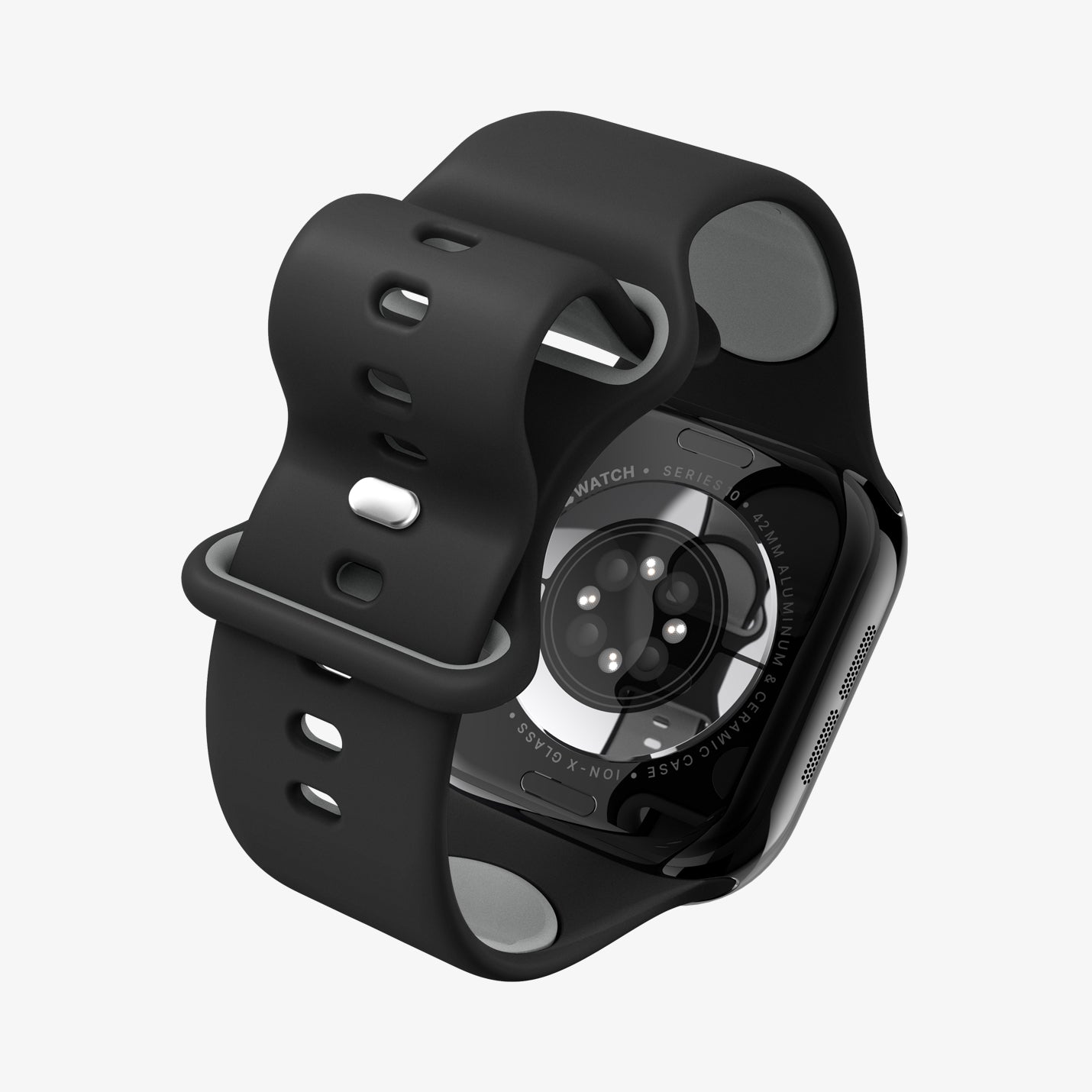 AMP09324 - Apple Watch Series - Nano Pop 42mm in Black Sesame showing the back bottom, strap partially curled up, back of the watch face and partial inner