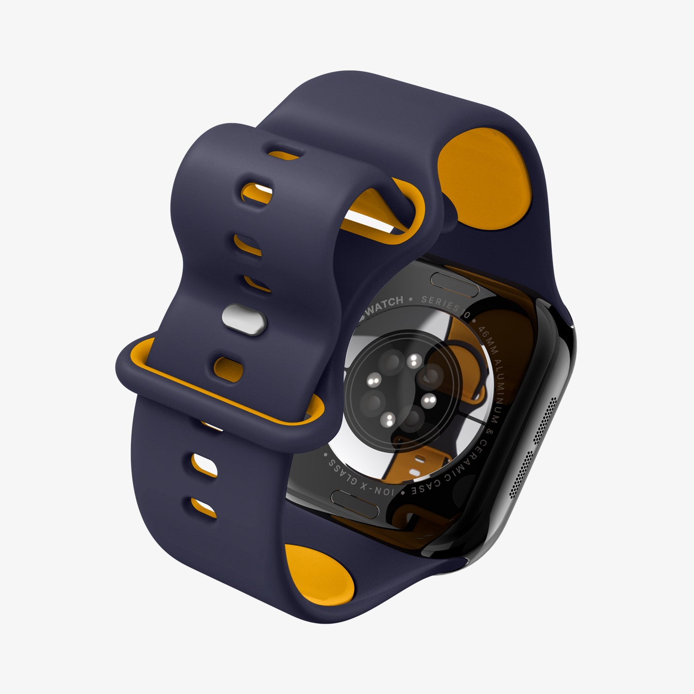 AMP09322 - Apple Watch Series - Nano Pop 46mm in Blueberry Navy showing the back bottom, strap partially curled up, back of the watch face and partial inner