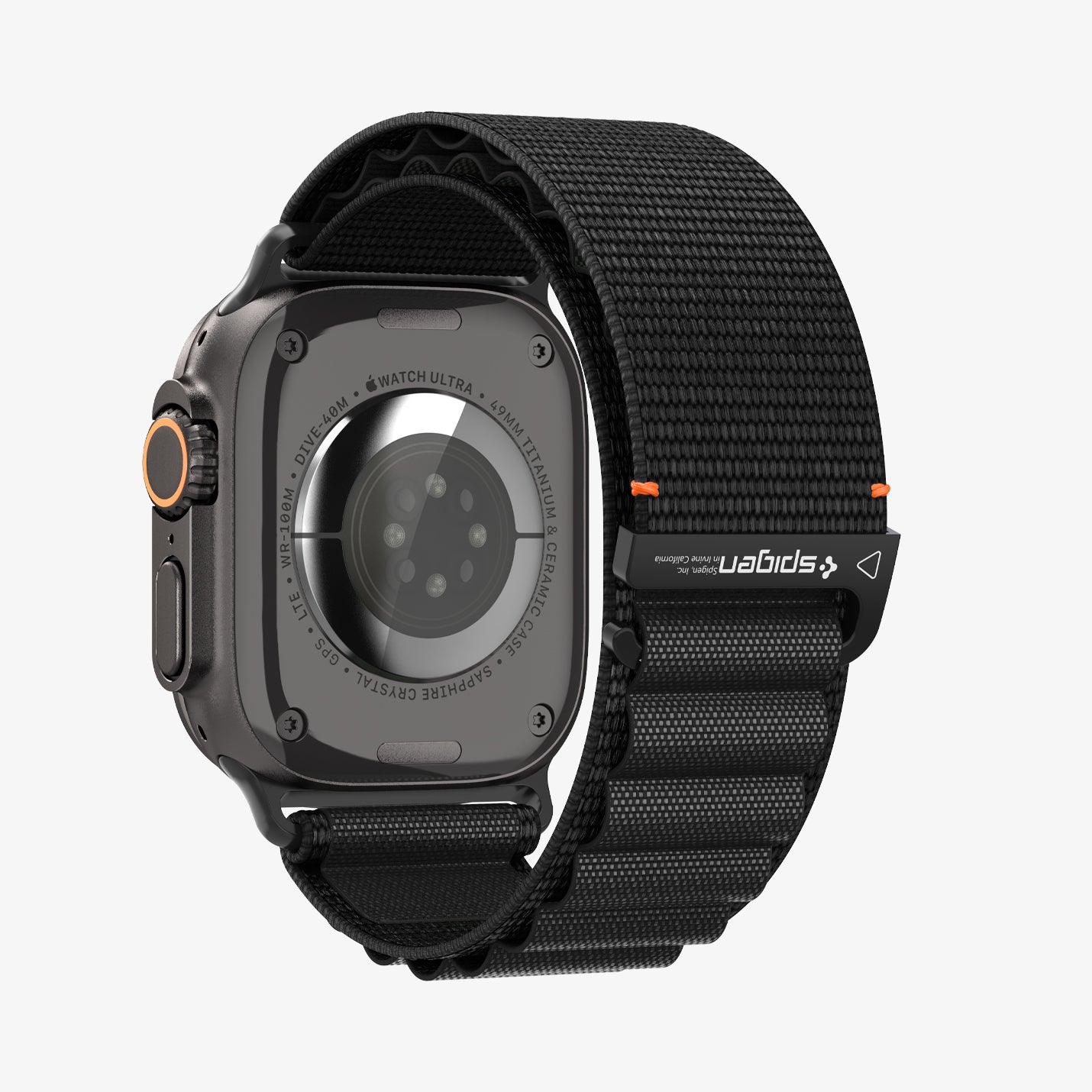 AMP10144 - Apple Watch Ultra (49mm) WBF1 in Black showing the back and partial side of the watch head and back of the strap locked
