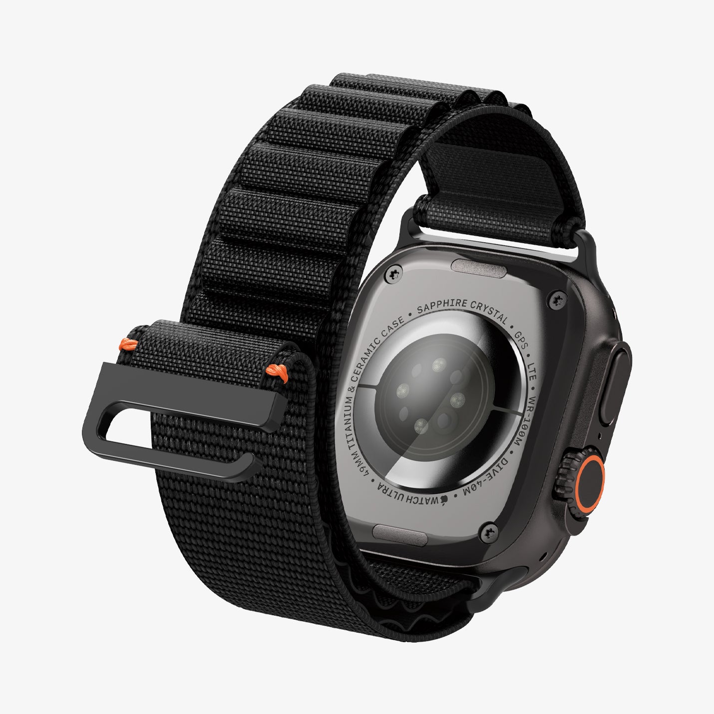 AMP10144 - Apple Watch Ultra (49mm) WBF1 in Black showing the back of the watch head, back of the strap unlocked