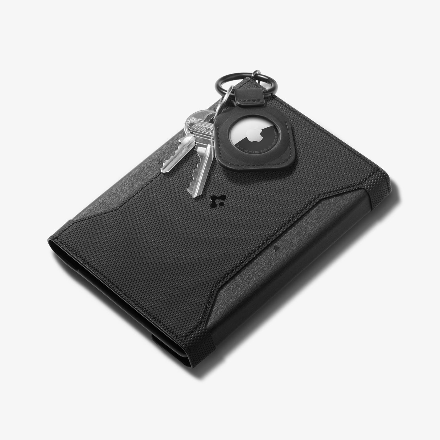 ACS09750 - AirTag Holder Keychain | AT200 in Black showing the airtag holder attached to the keychain with passport holder