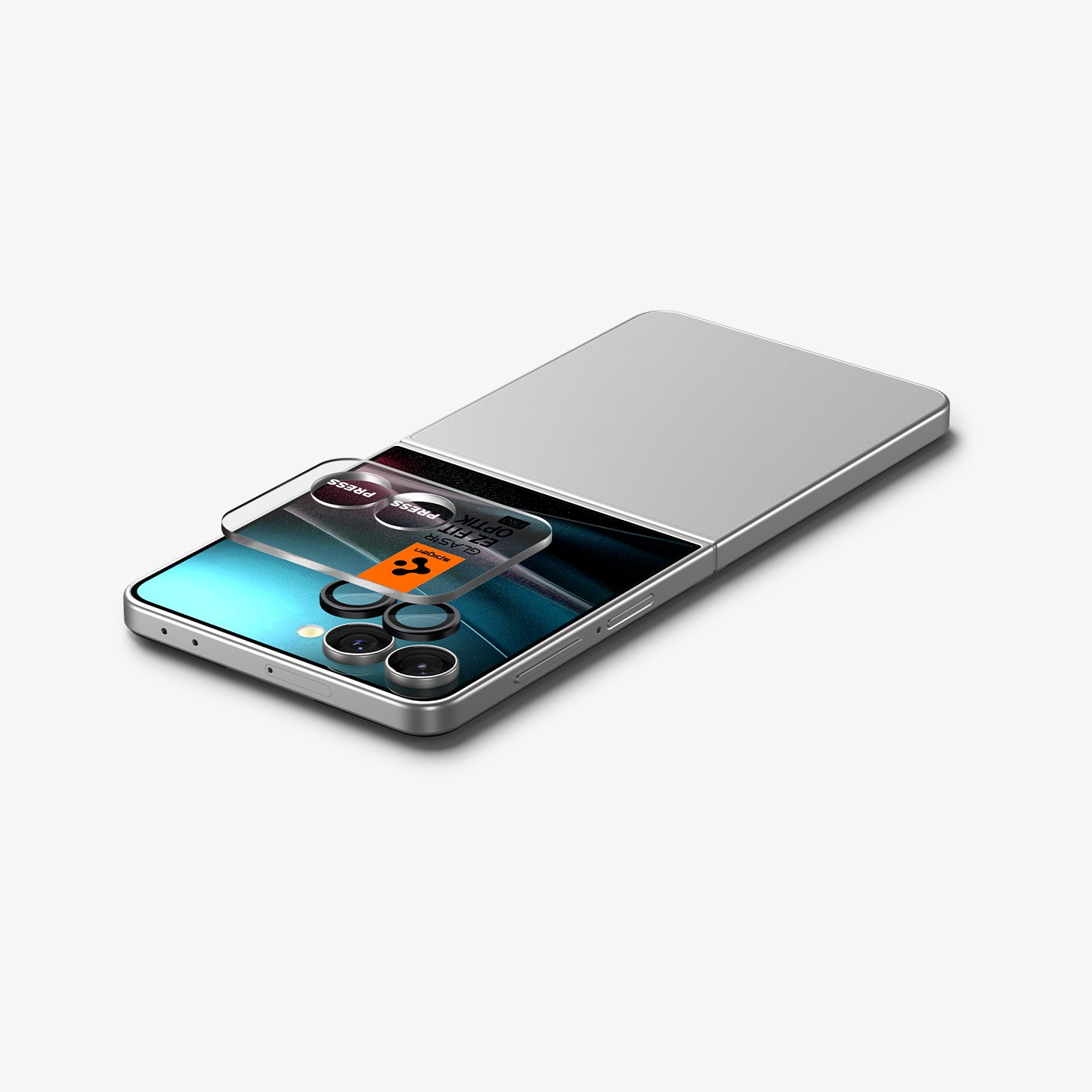 AGL09584 - Galaxy Z Flip 7 Optik Pro EZ Fit Lens Protector in black showing the back, top and side with ez fit tray hovering above camera lens