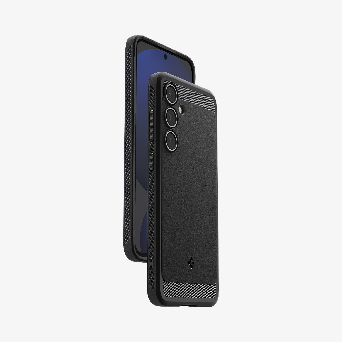 ACS08578 - Galaxy S24 FE Case Rugged Armor in Matte Black showing the partial front, partial sides of a device hovering above another device showing back