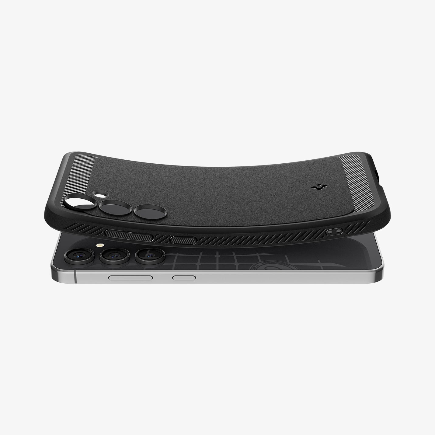 ACS08578 - Galaxy S24 FE Case Rugged Armor in Matte Black showing the back, partially hovering above the device, top and bottom part, slightly lifted upward
