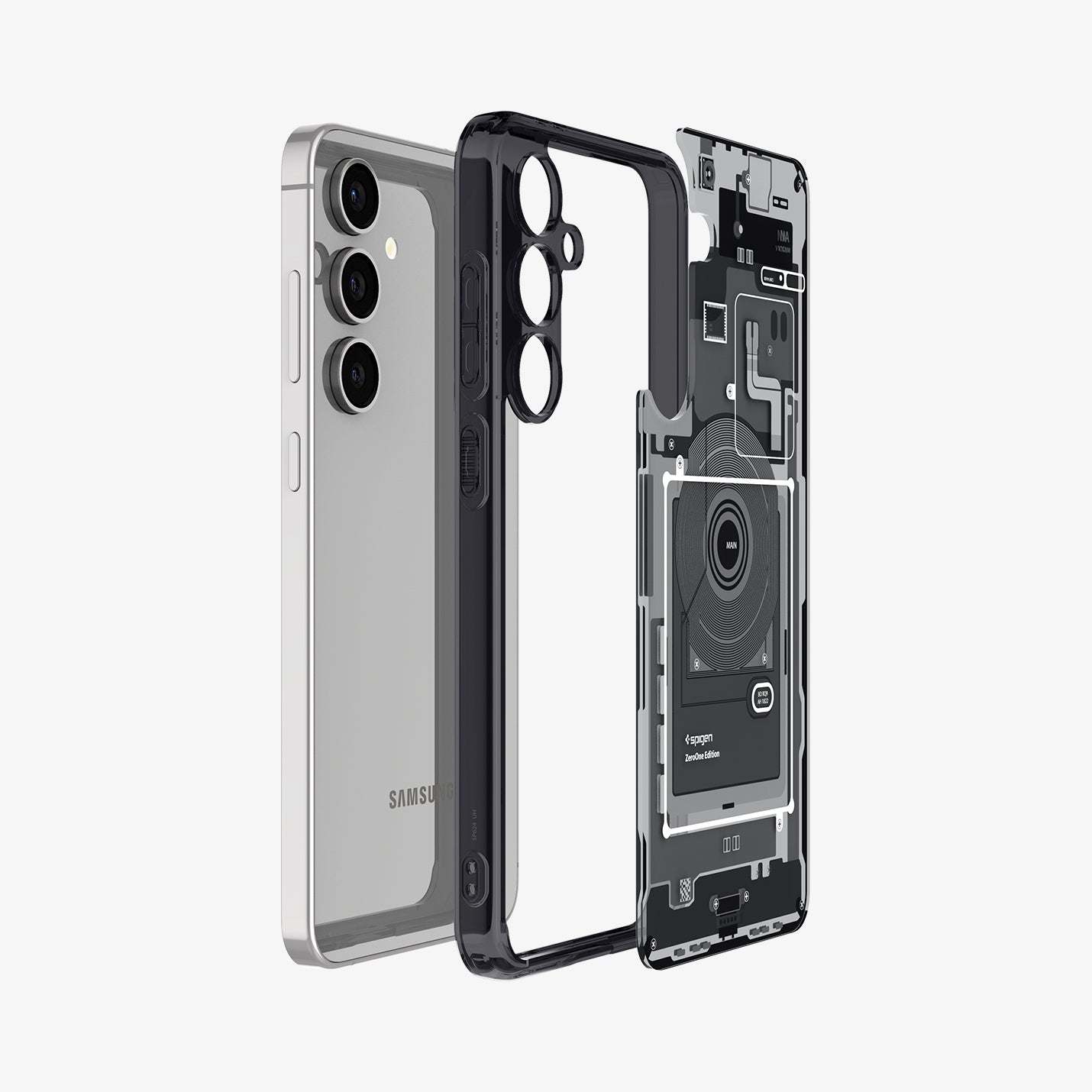 ACS08621 - Galaxy S24 FE Case Ultra Hybrid Zero One in Zero One showing the back part layer of the case detached from tpu frame and a device